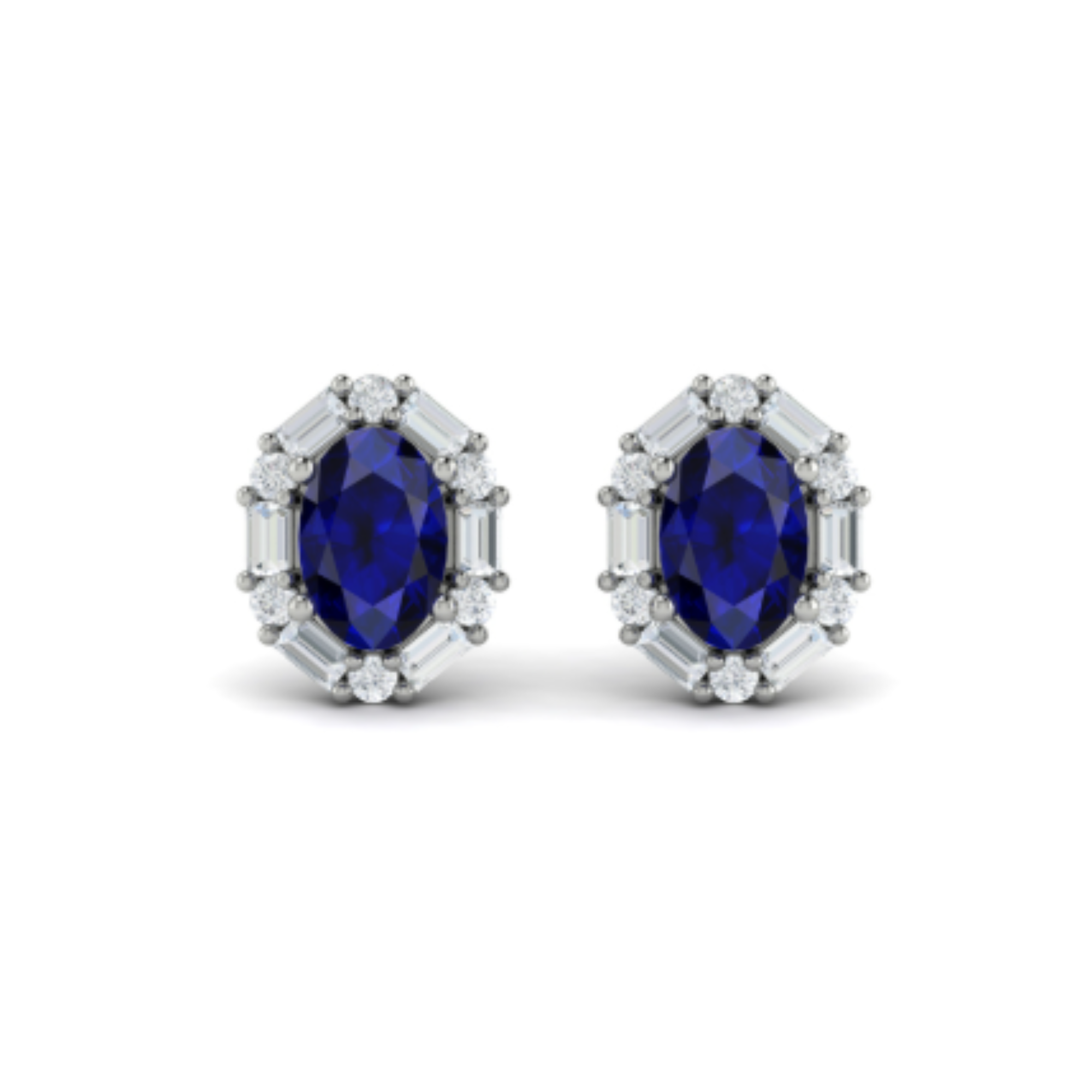 Oval Sapphire Baguette Diamond Halo Stud Earrings in 14K White Gold