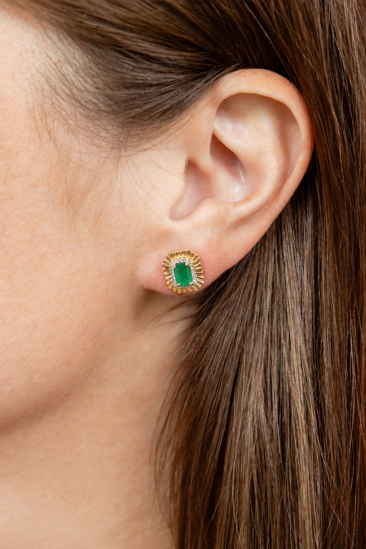 Emerald Diamond Halo Fluted Stud Earrings in 14K Yellow Gold