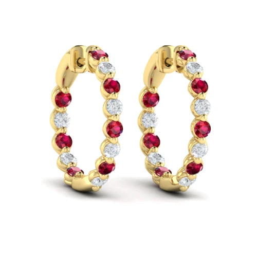 Ruby Diamond Inside Outside Hoop Earrings in 14K Yellow Gold