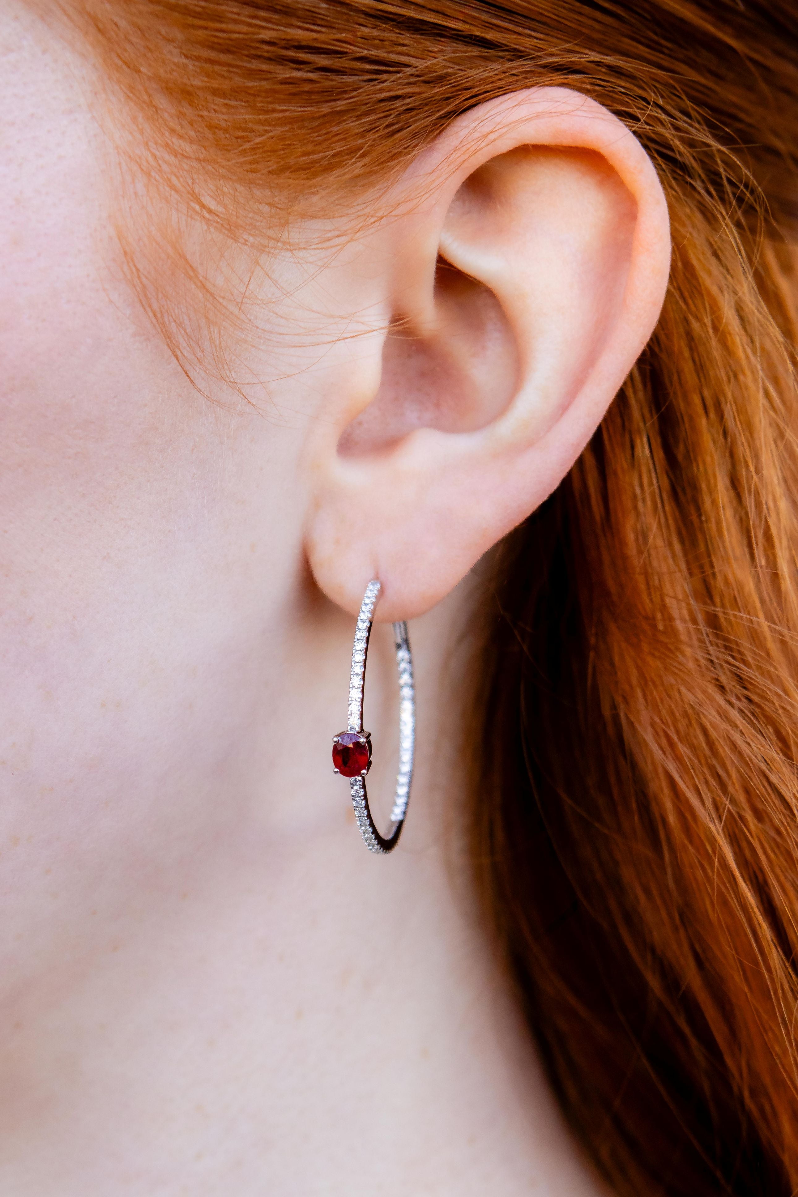 Solitaire Ruby Diamond Hoop Earrings in 18K White Gold