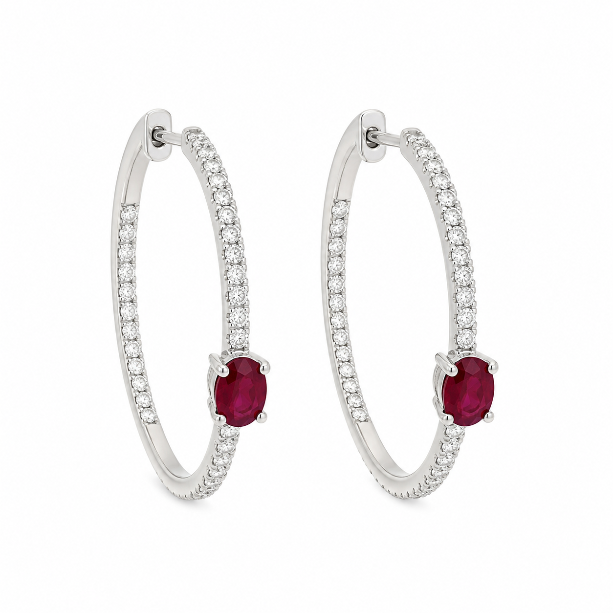Solitaire Ruby Diamond Hoop Earrings in 18K White Gold