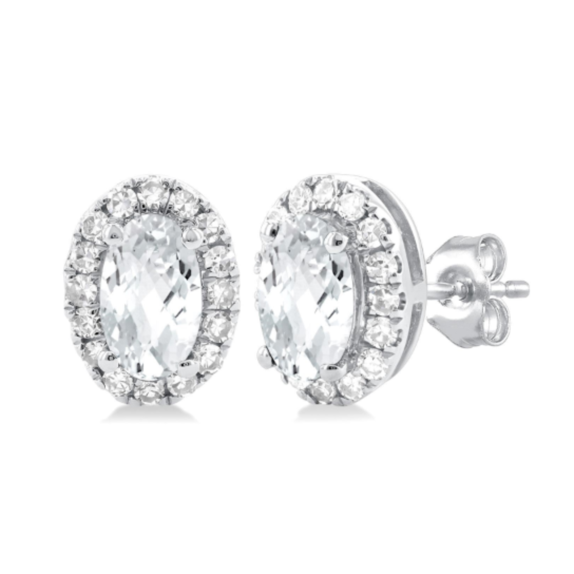 Oval White Topaz Diamond Halo Stud Earrings in 14K White Gold