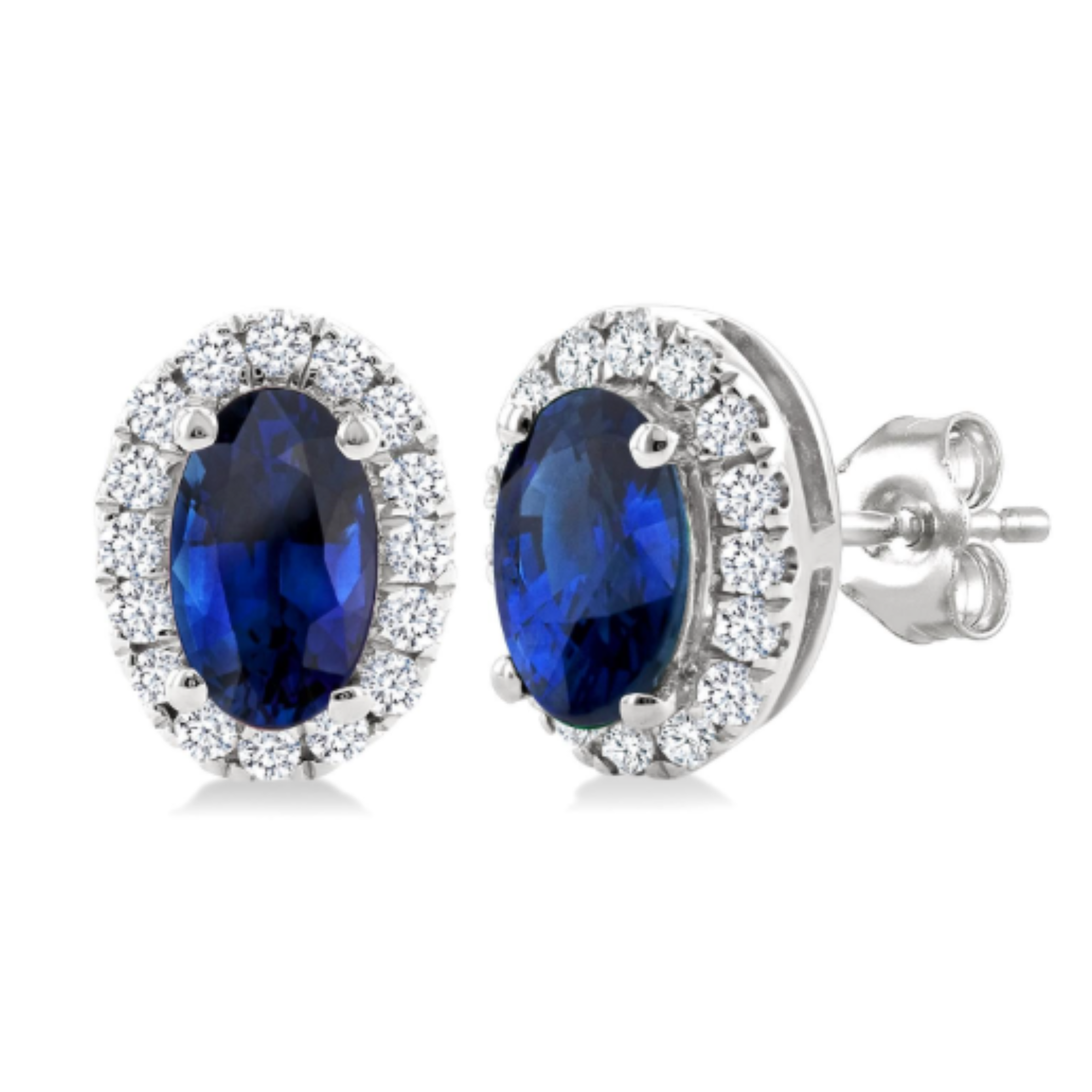 Oval Sapphire Diamond Halo Stud Earrings in 14K White Gold