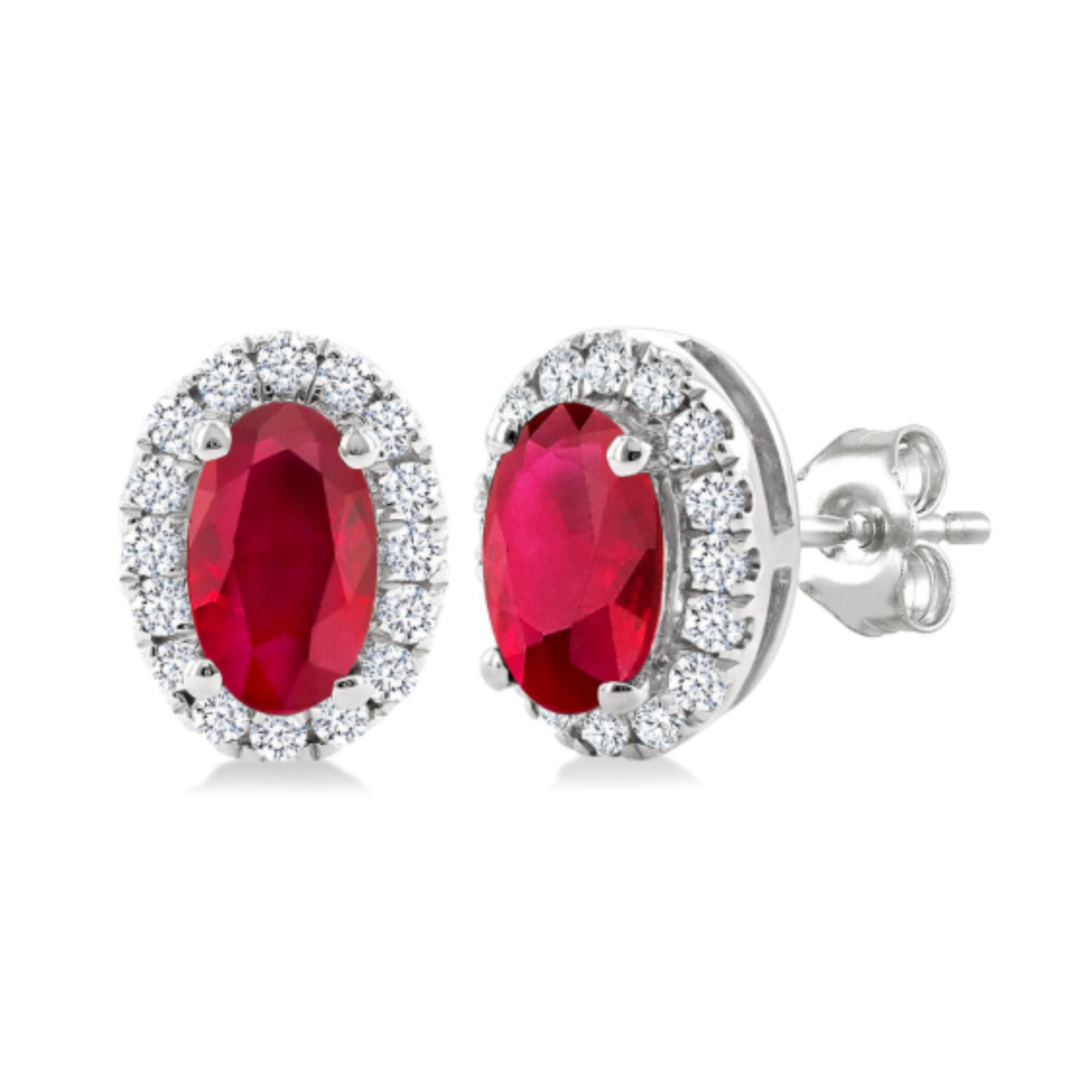 Oval Ruby Diamond Halo Stud Earrings in 14K White Gold