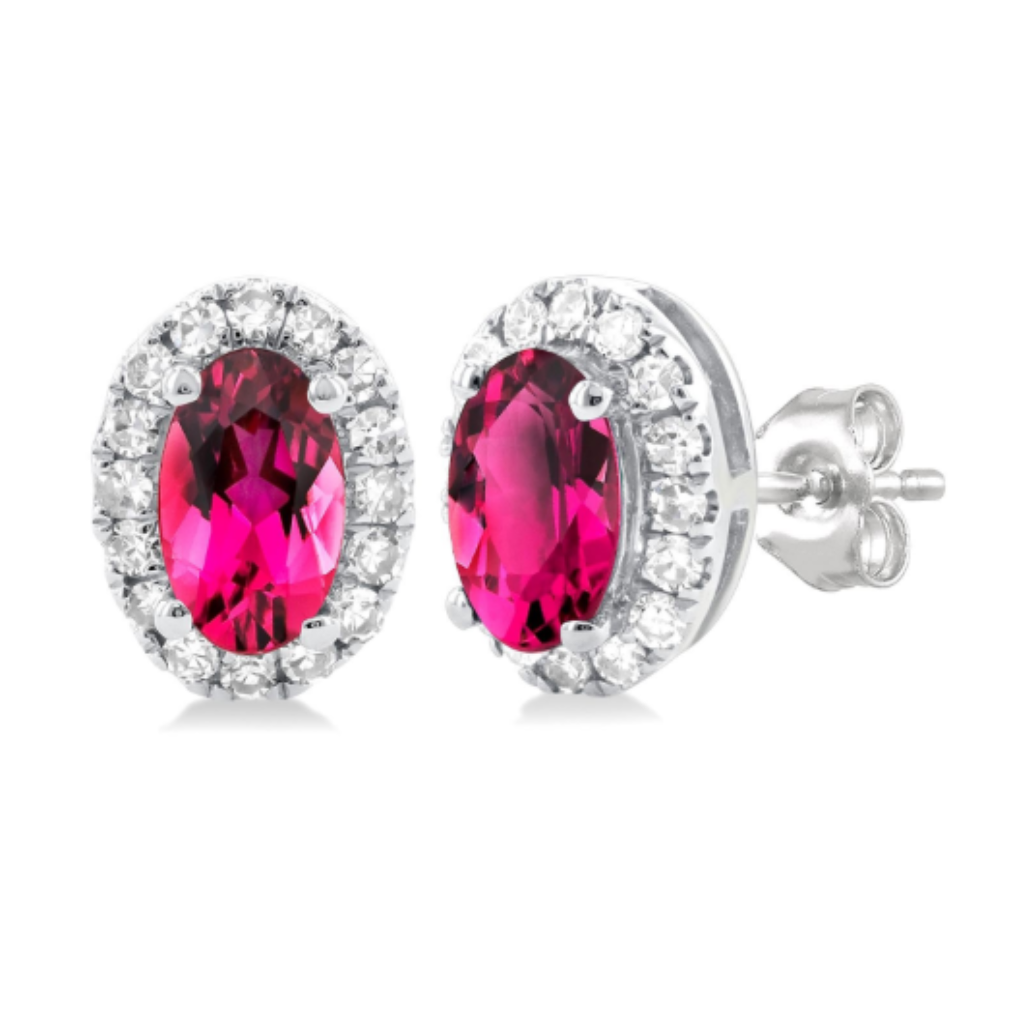 Oval Pink Tourmaline Diamond Halo Stud Earrings in 14K White Gold