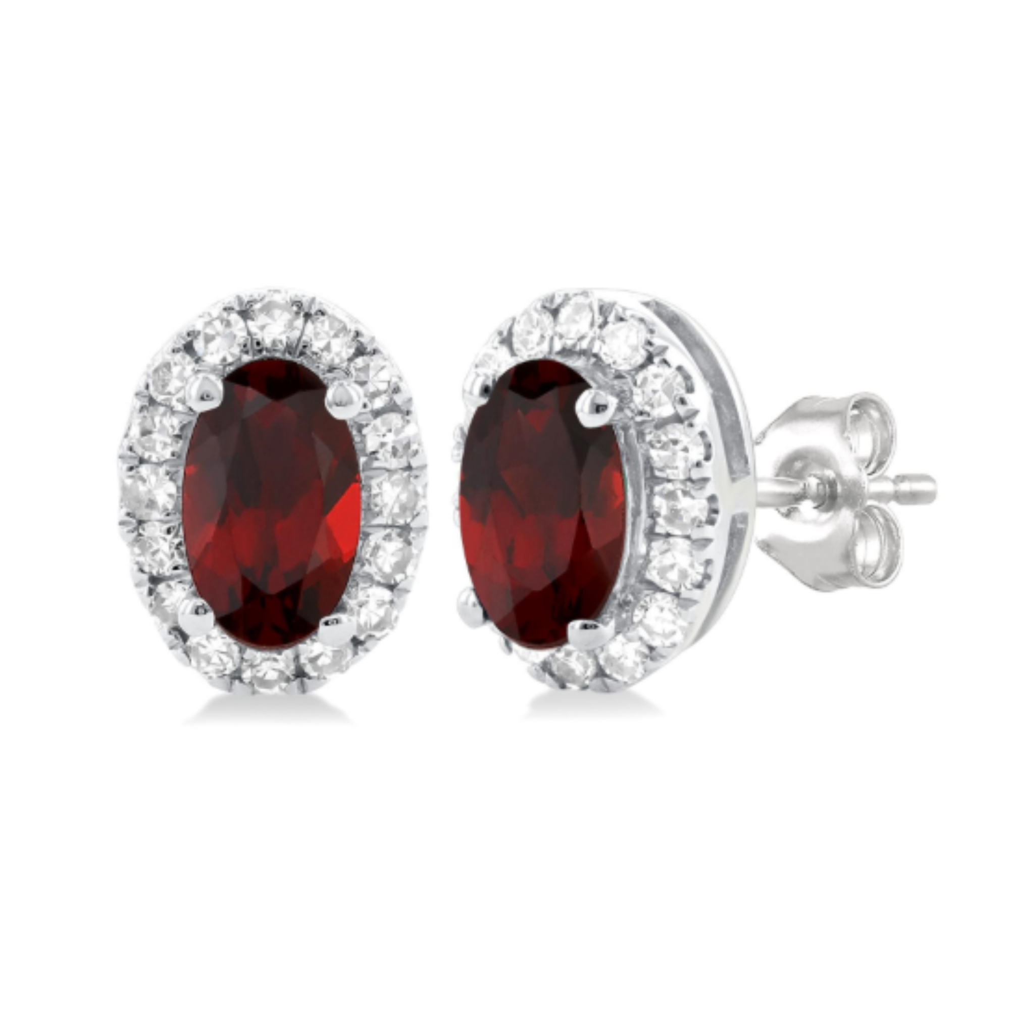 Oval Garnet Diamond Halo Stud Earrings in 14K White Gold