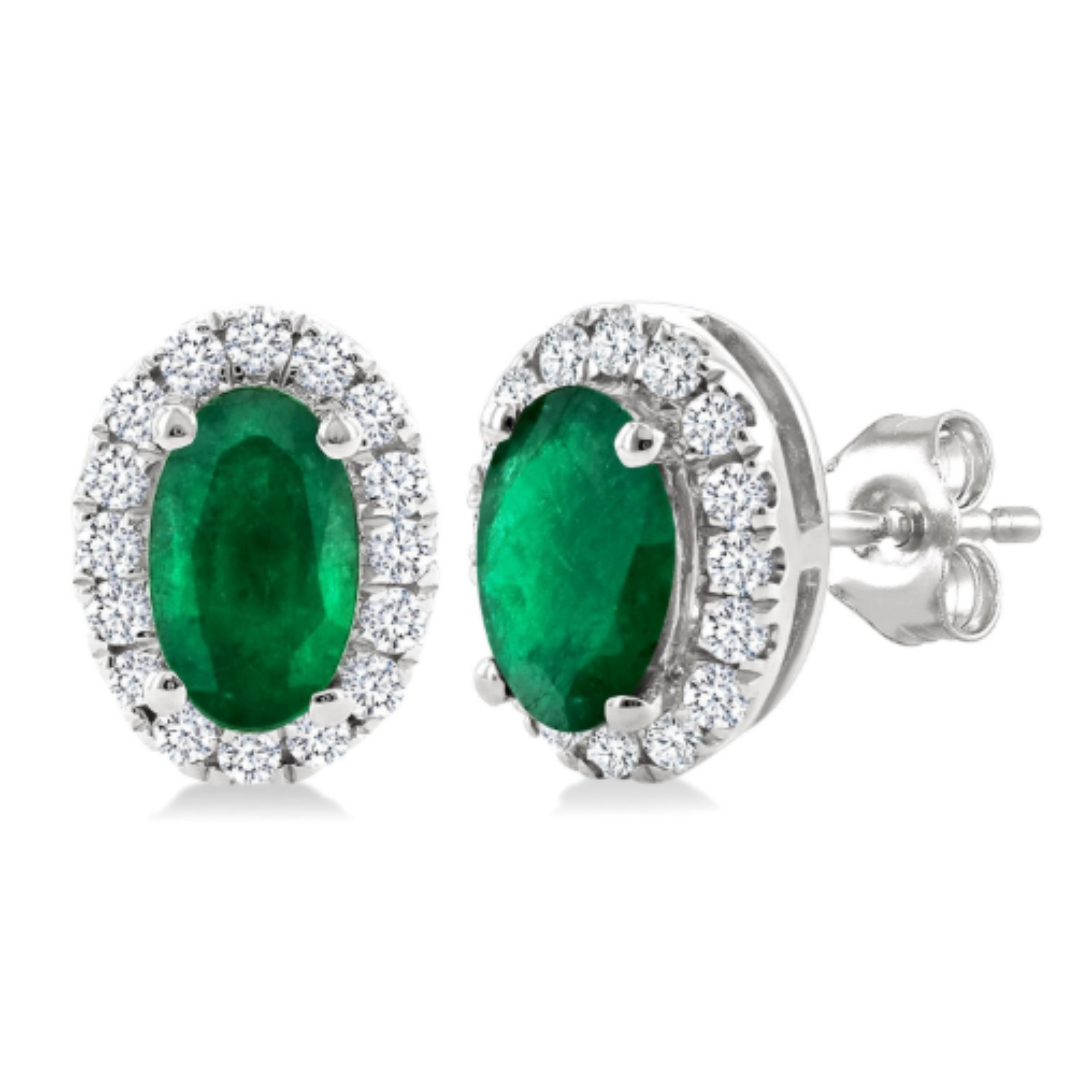 Oval Emerald Diamond Halo Stud Earrings in 14K White Gold