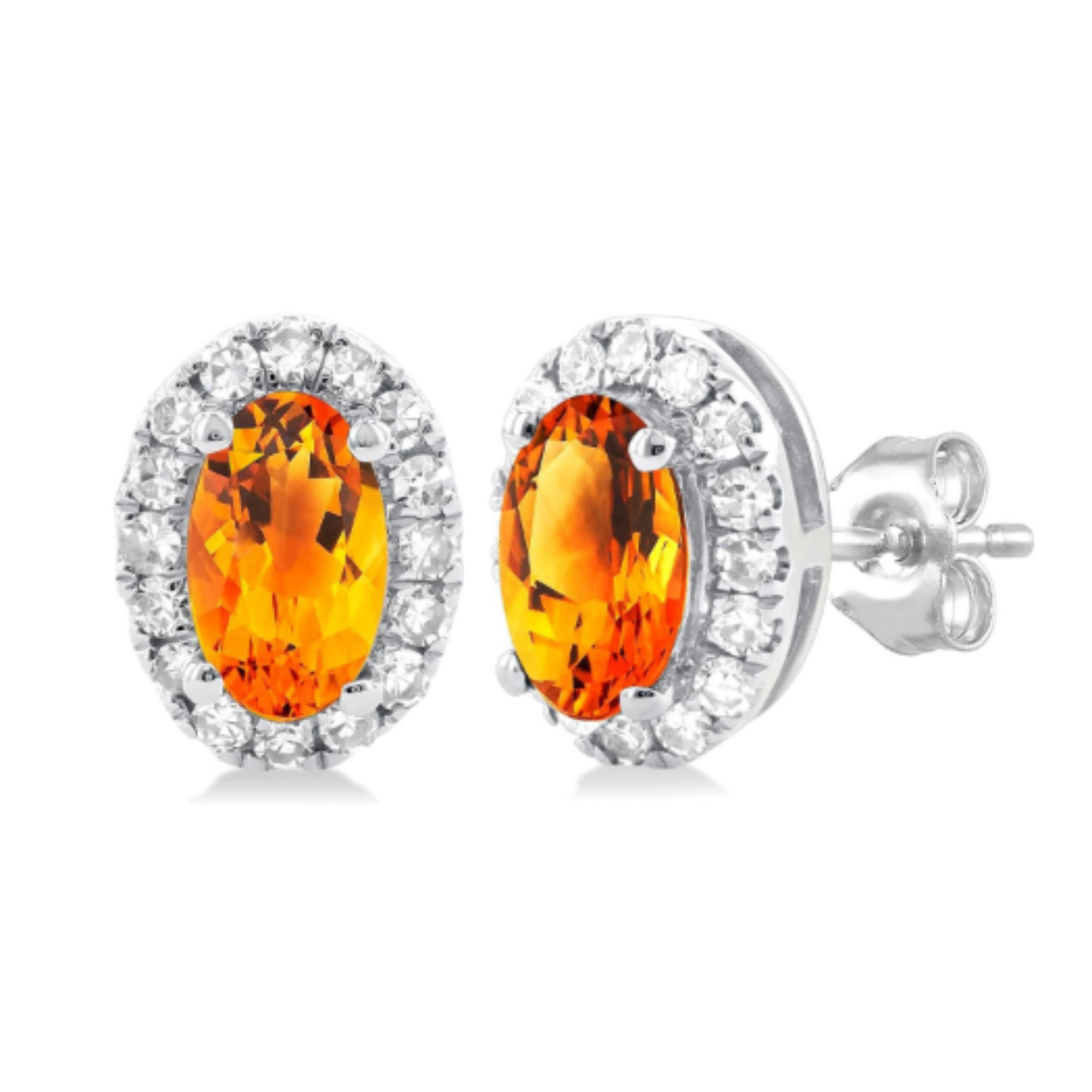 Oval Citrine Diamond Halo Stud Earrings in 14K White Gold