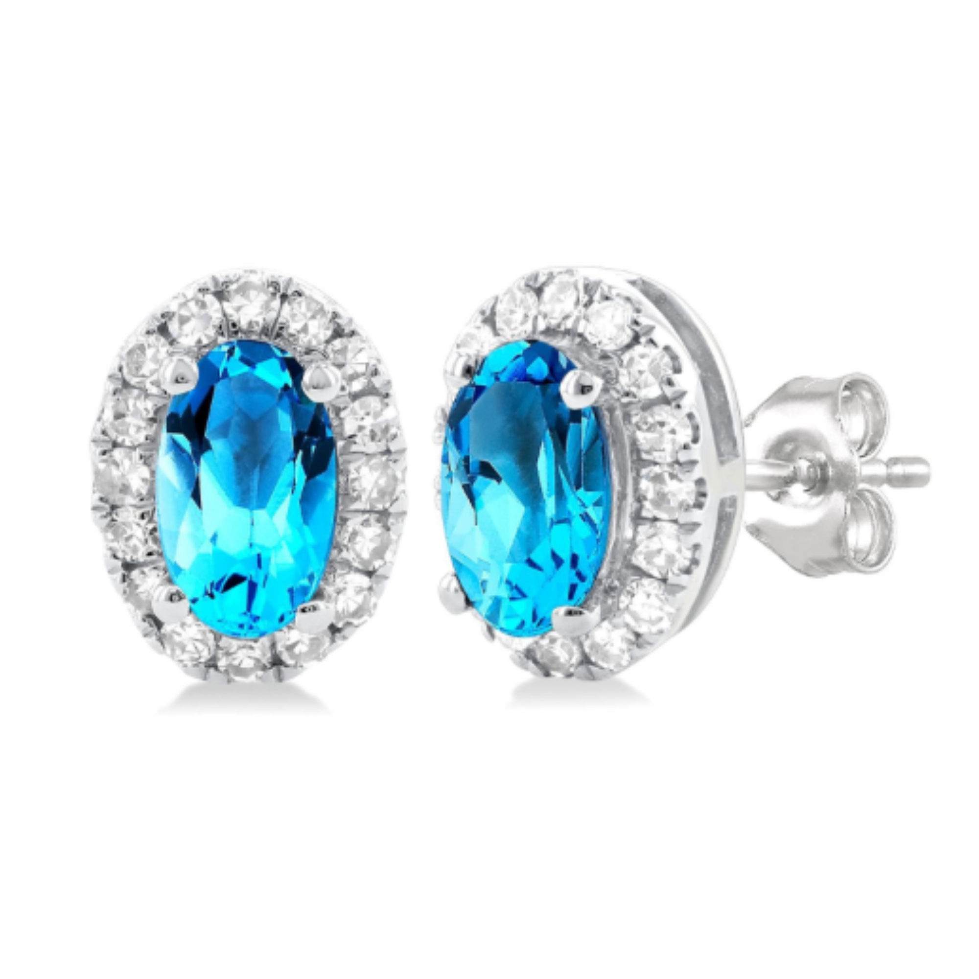 Oval Blue Topaz Diamond Halo Stud Earrings in 14K White Gold