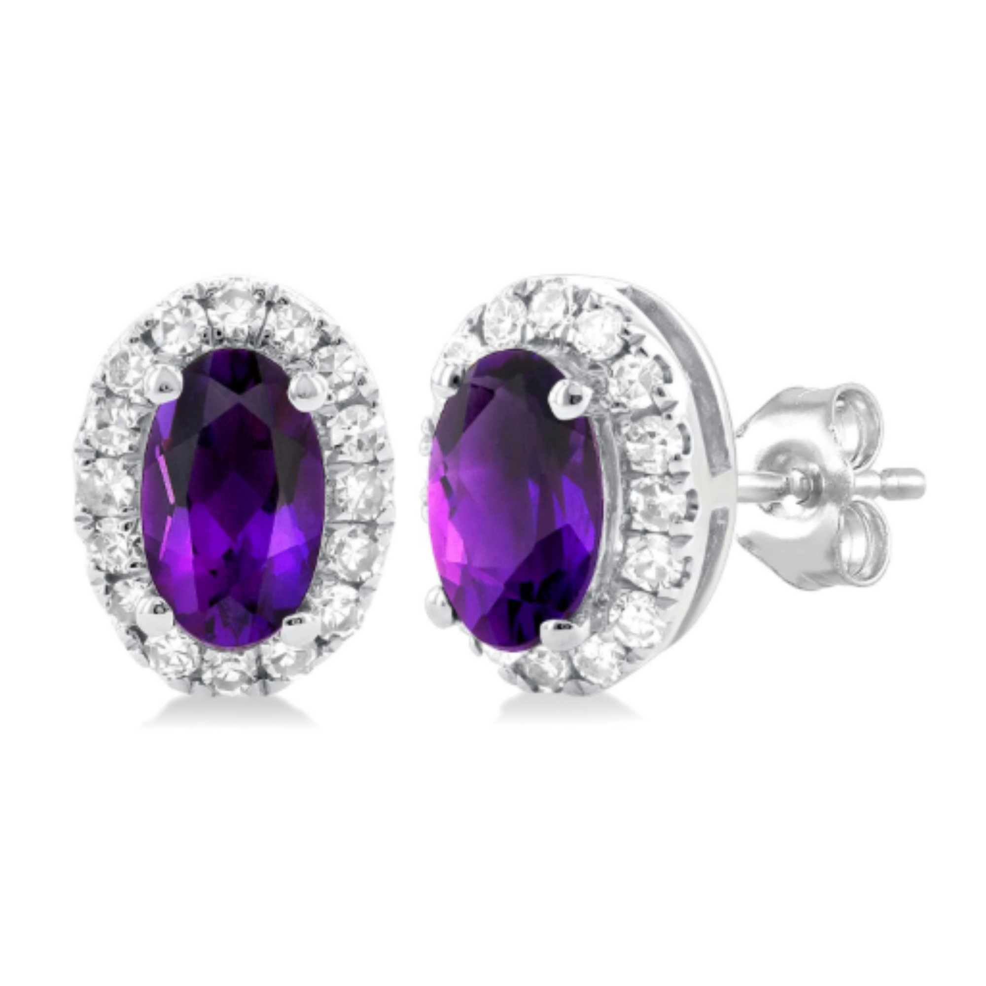 Oval Amethyst Diamond Halo Stud Earrings in 14K White Gold