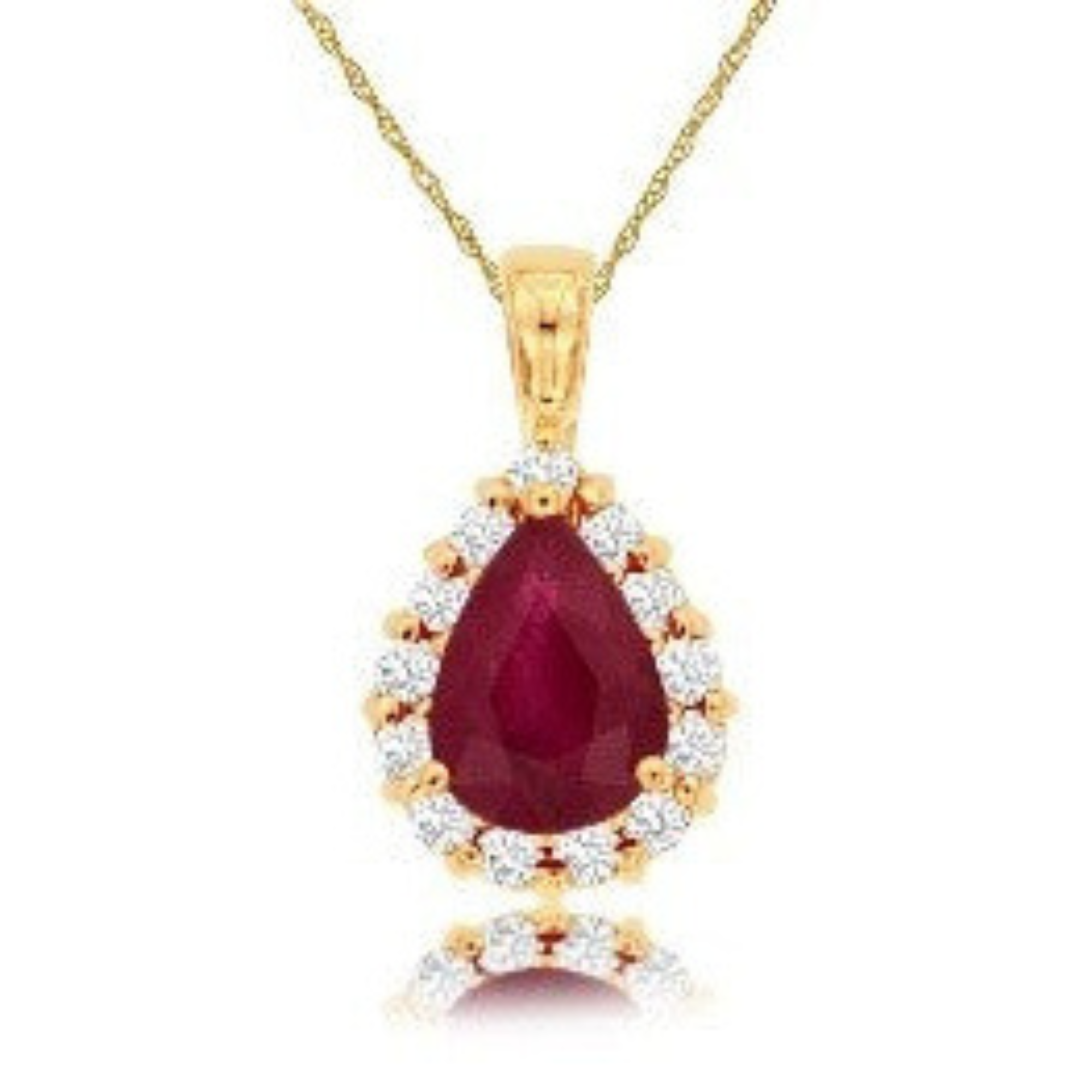 Pear-Shaped Ruby Diamond Pendant Necklace in 14K Yellow Gold