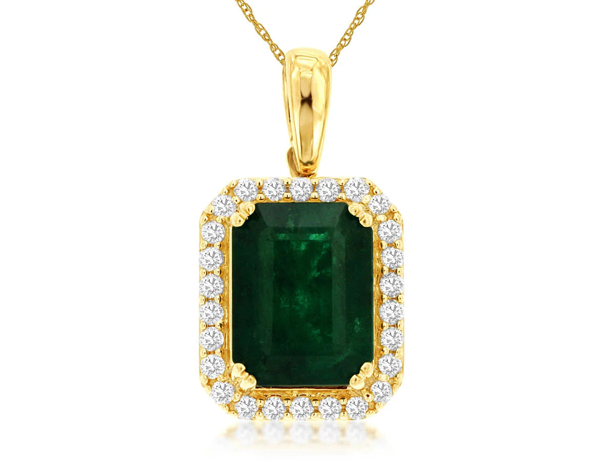 Emerald Diamond Halo Pendant Necklace in 14K Yellow Gold