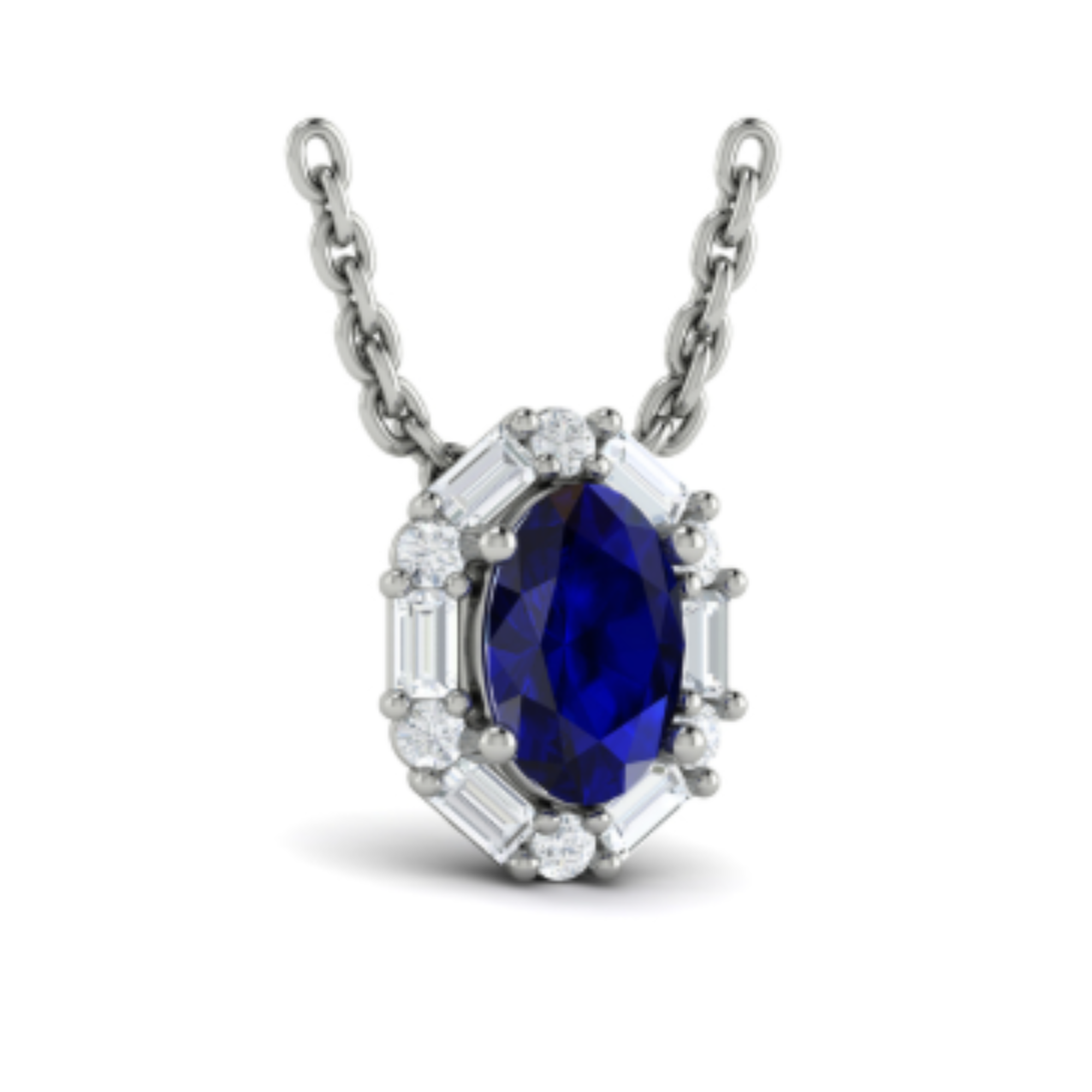 Oval Sapphire Baguette Diamond Halo Necklace in 14K White Gold