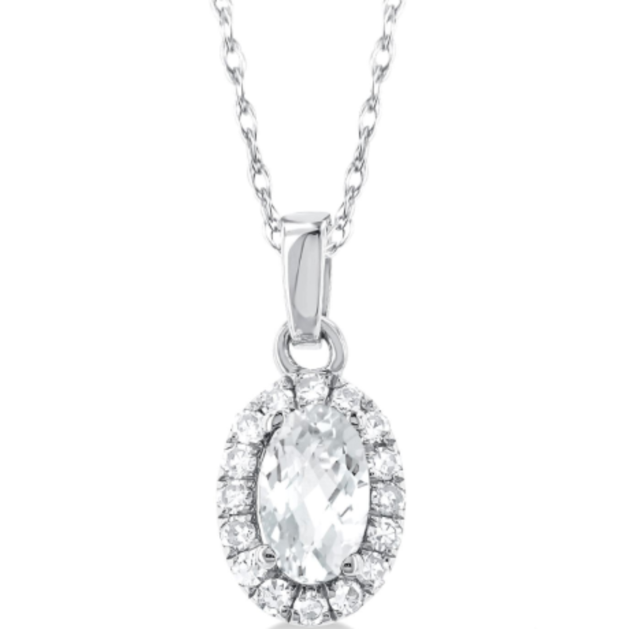 Oval White Topaz Diamond Halo Pendant Necklace in 14K White Gold