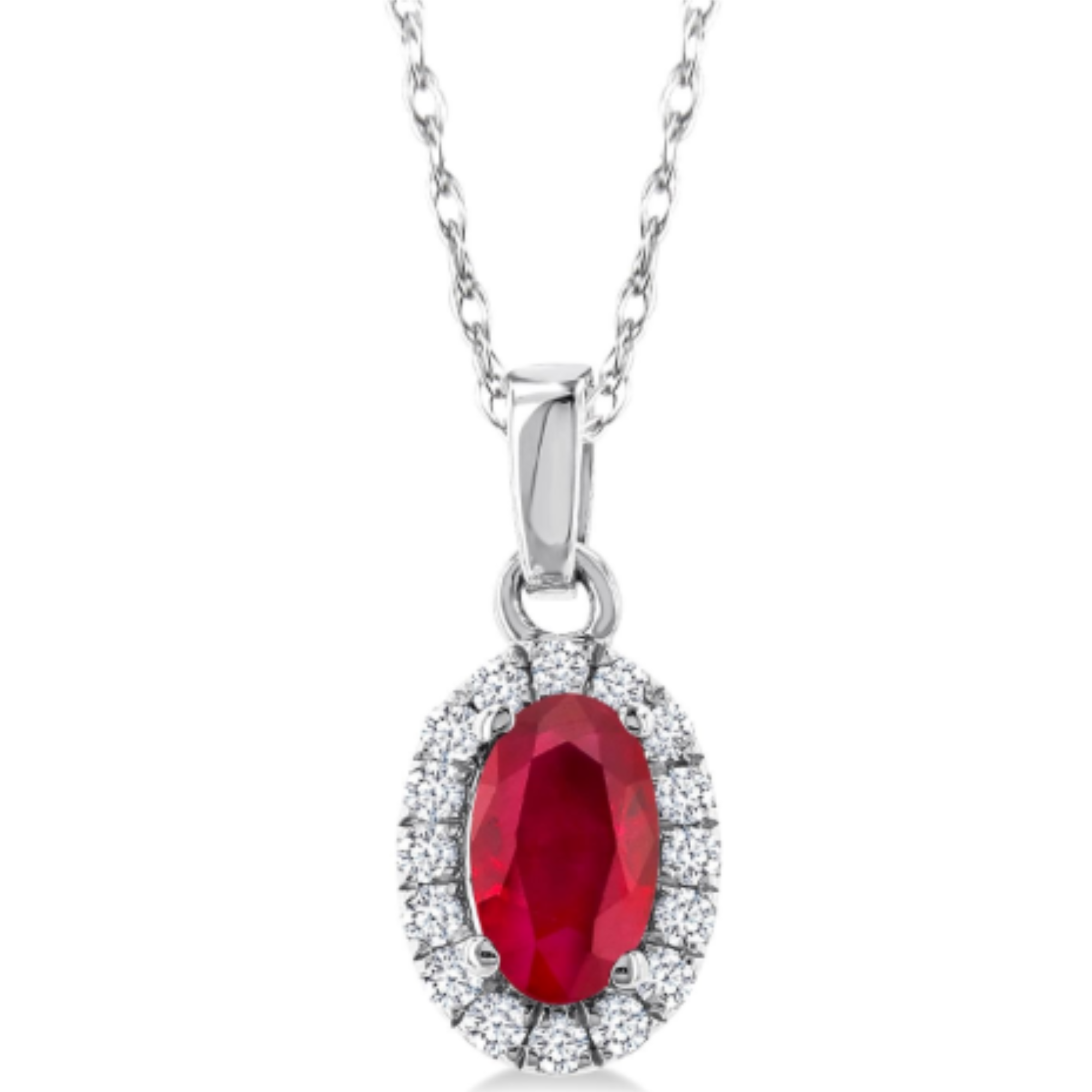 Oval Ruby Diamond Halo Pendant Necklace in 14K White Gold