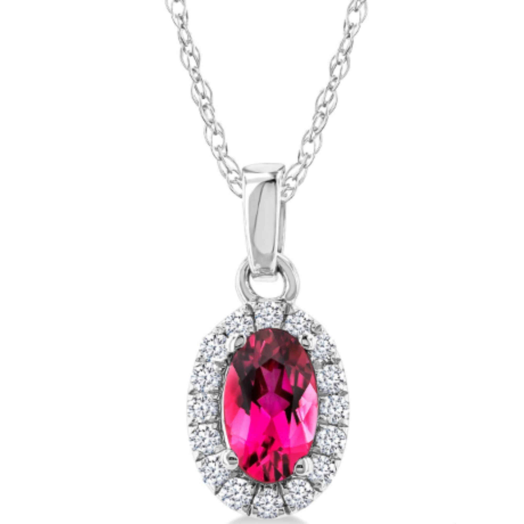 Oval Pink Tourmaline Diamond Halo Pendant Necklace in 14K White Gold