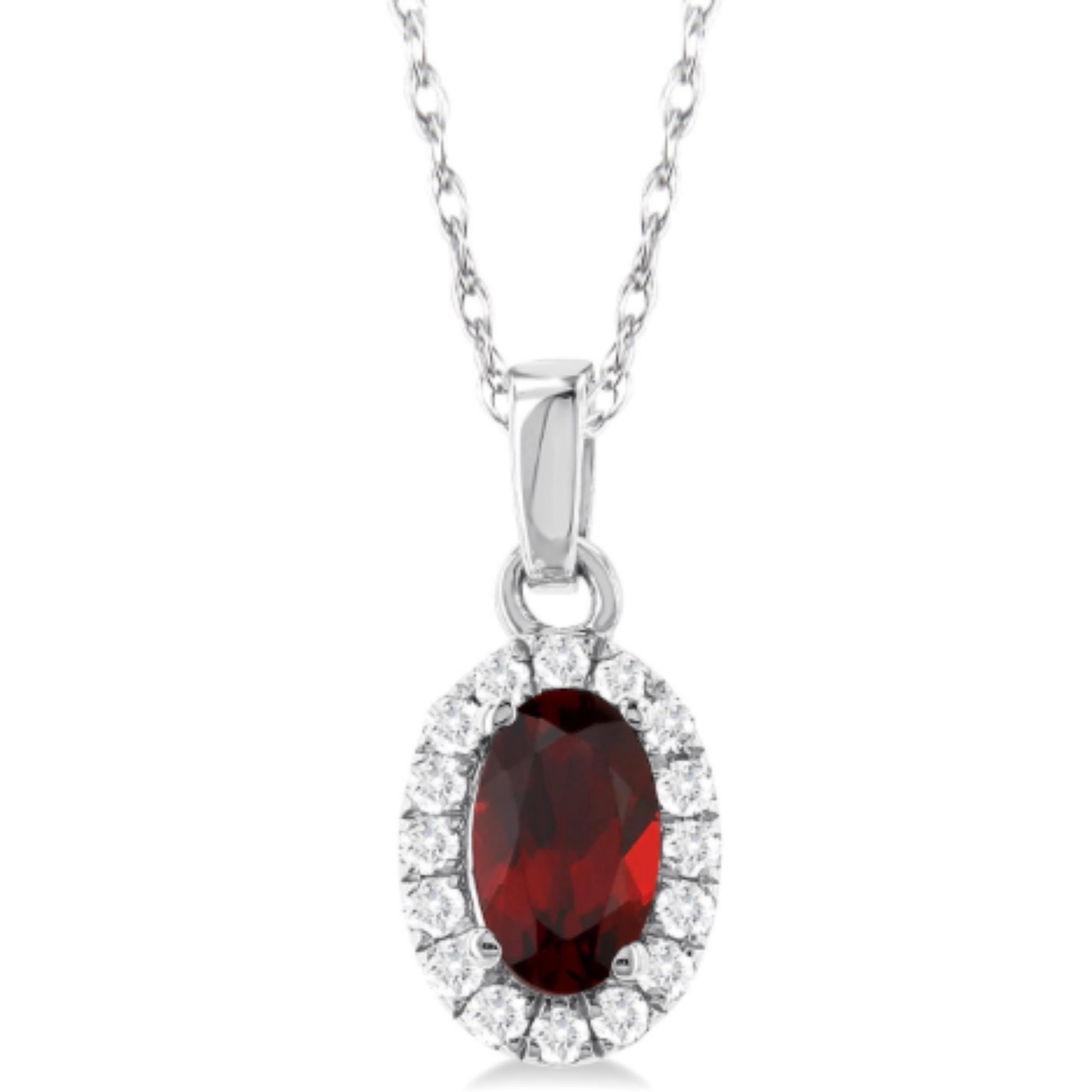 Oval Garnet Diamond Halo Pendant Necklace in 14K White Gold