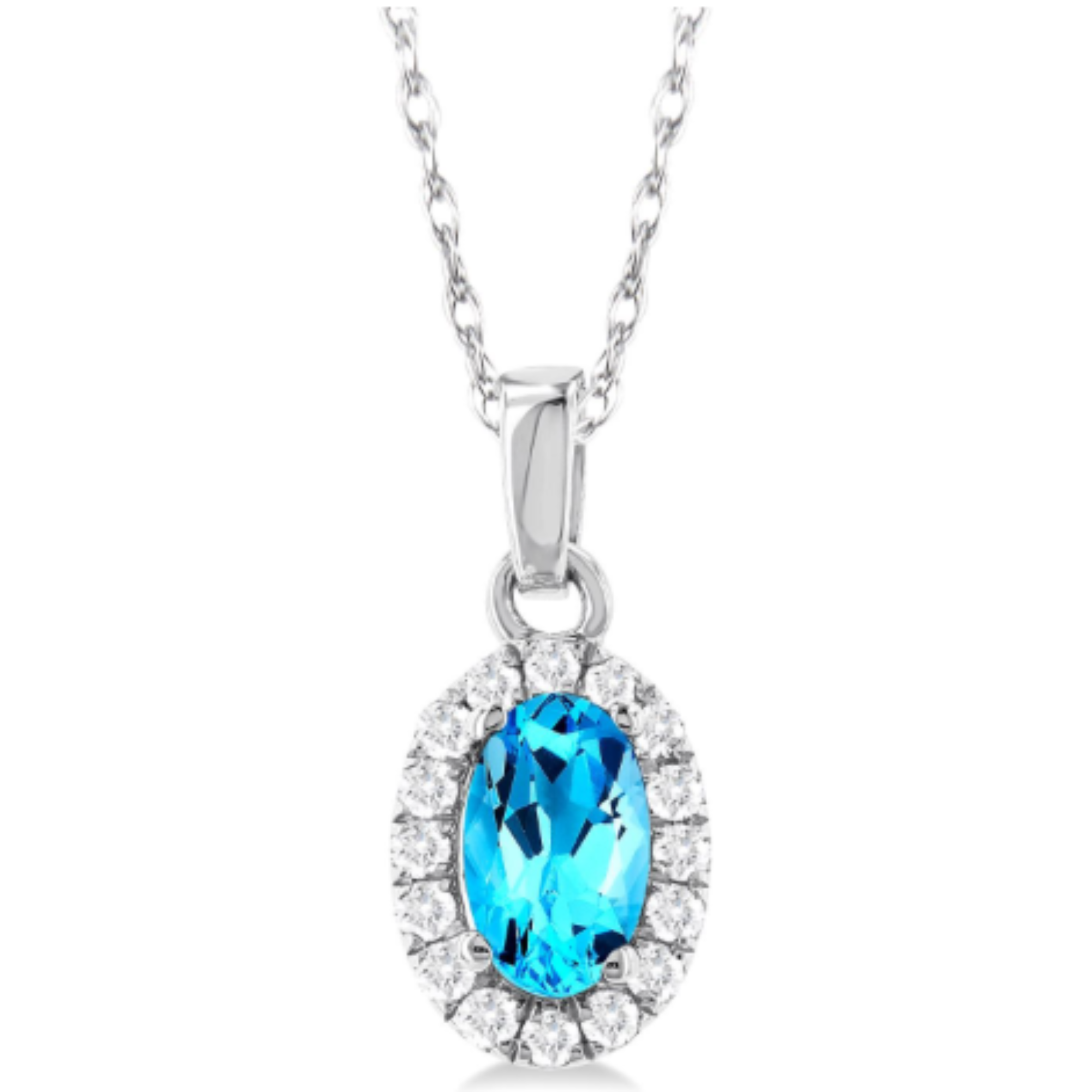 Oval Blue Topaz Diamond Halo Pendant Necklace in 14K White Gold