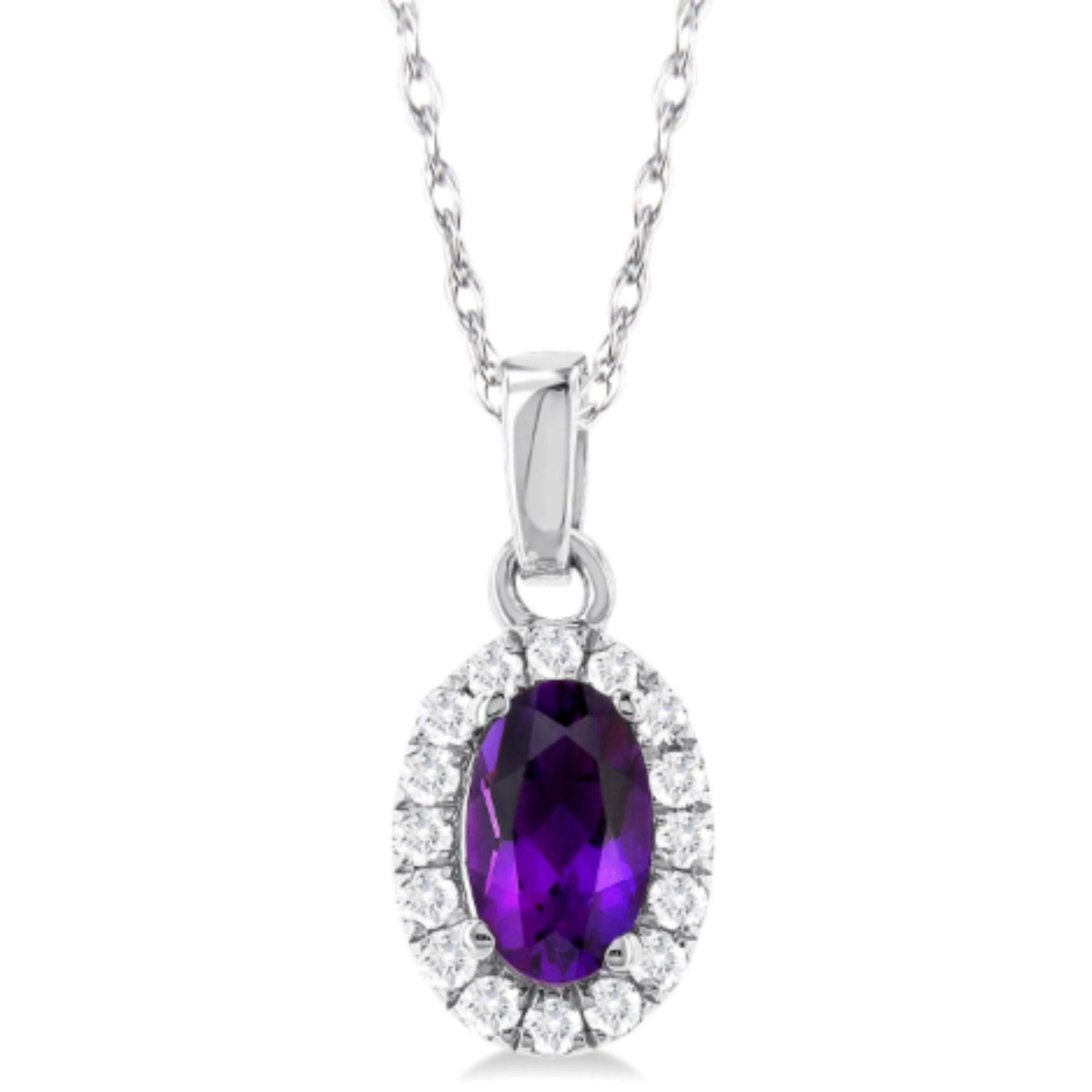 Oval Amethyst Diamond Halo Pendant Necklace in 14K White Gold