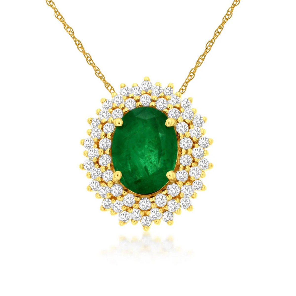 Oval Emerald Double Diamond Halo Necklace in 14K Yellow Gold