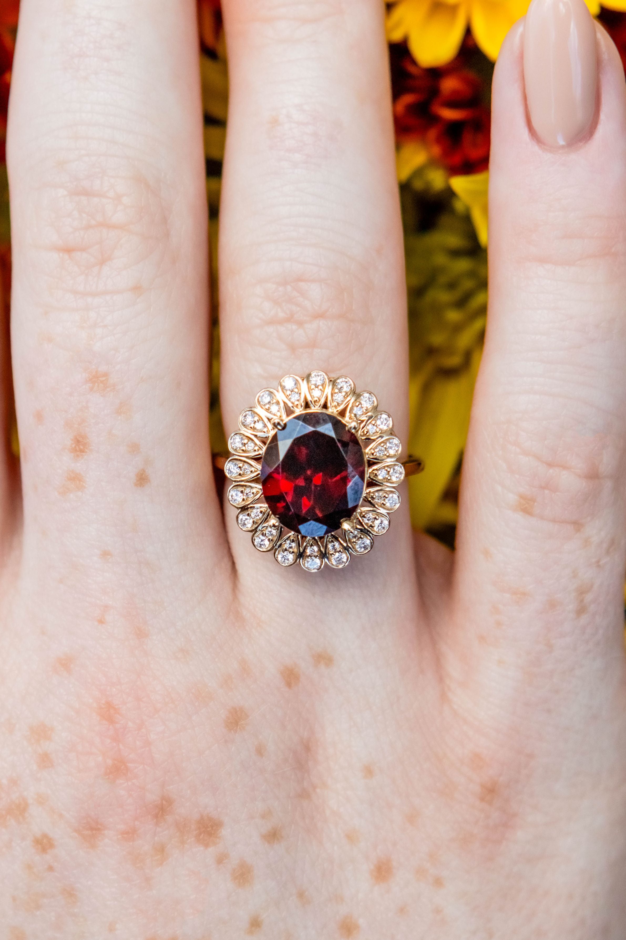 Oval Garnet Diamond Accent Ring in 14K Yellow Gold, Size 7