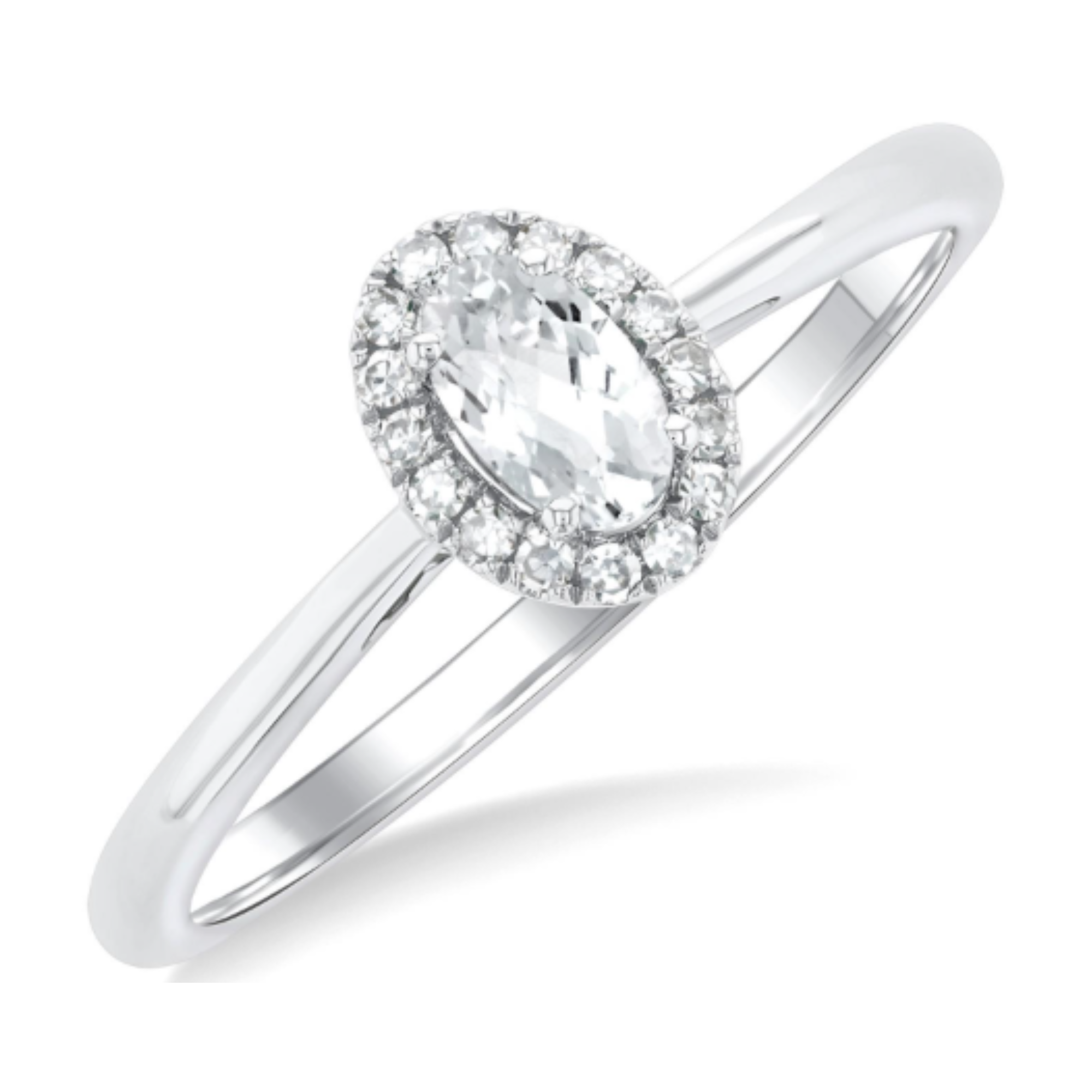 Oval White Topaz Diamond Halo Ring in 14K White Gold, Size 6.5