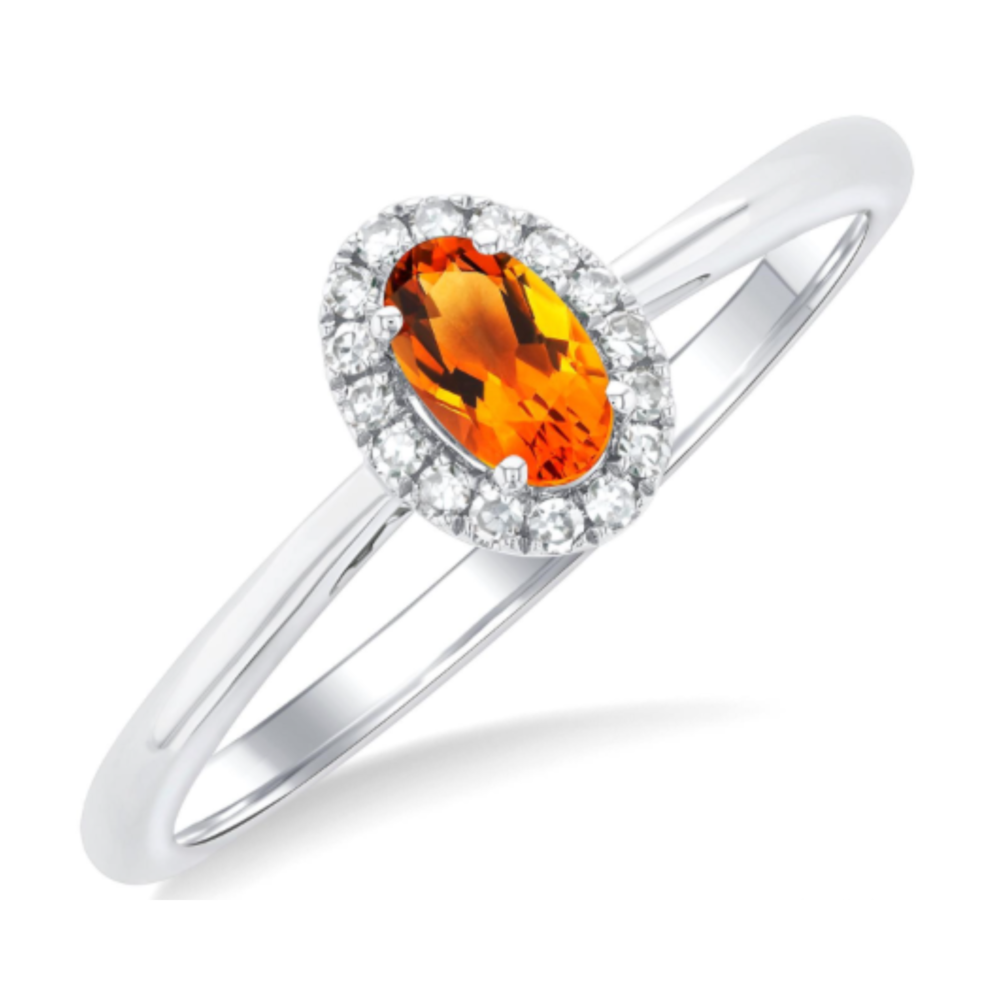 Oval Citrine Diamond Halo Ring in 14K White Gold, Size 6.5