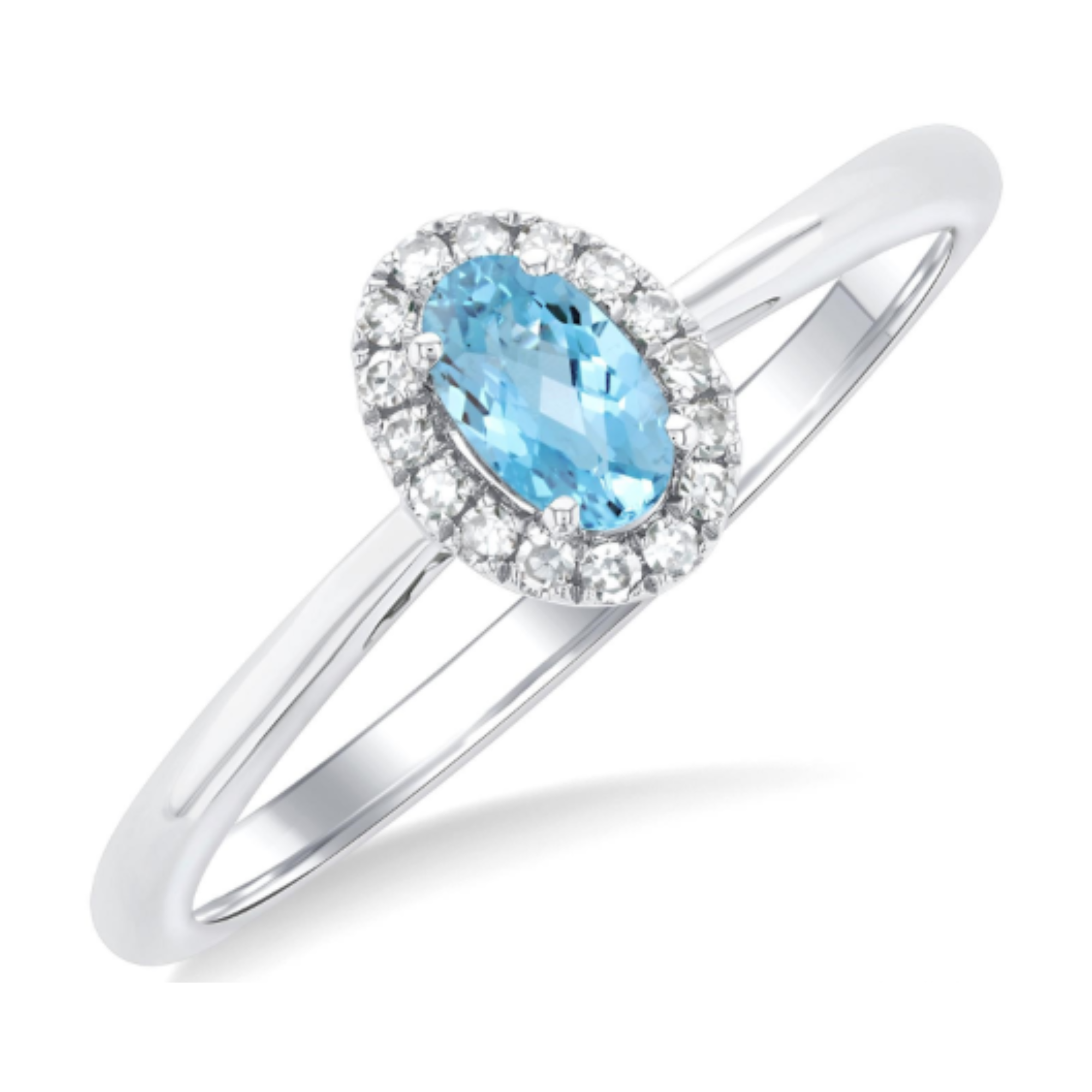Oval Aquamarine Diamond Halo Ring in 14K White Gold, Size 6.5