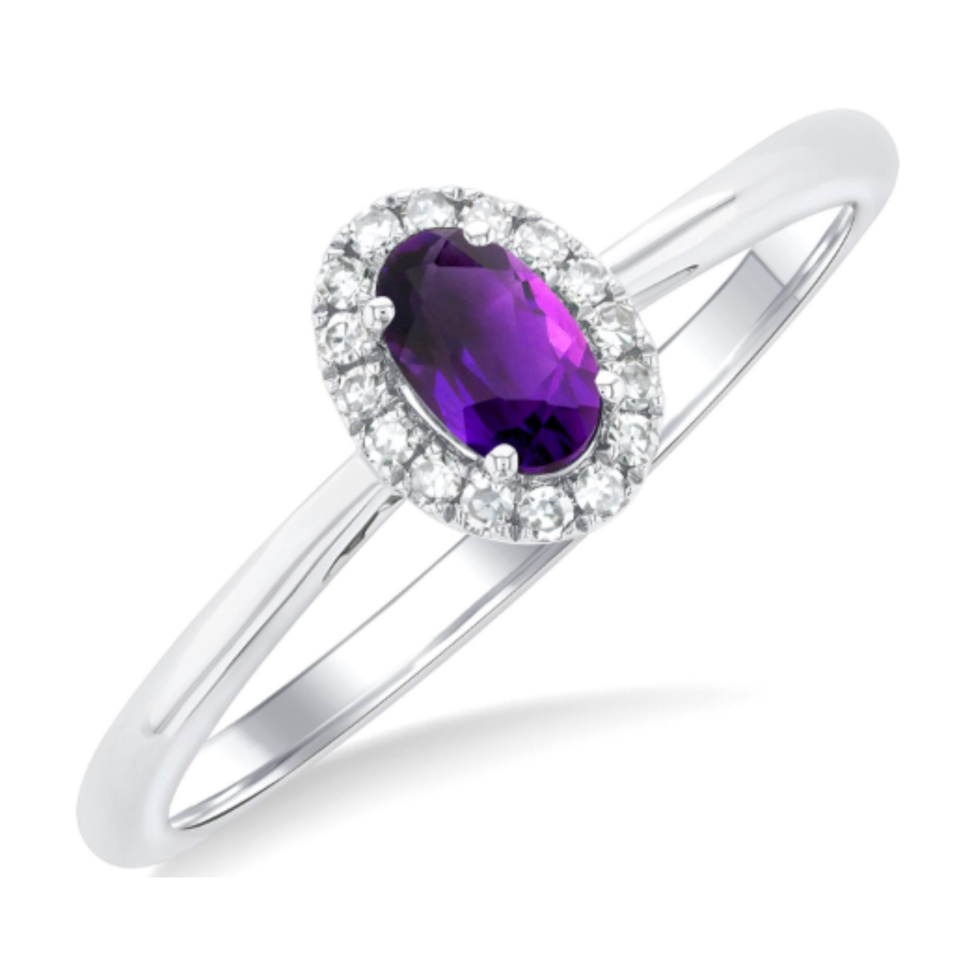 Oval Amethyst Diamond Halo Ring in 14K White Gold, Size 6.5