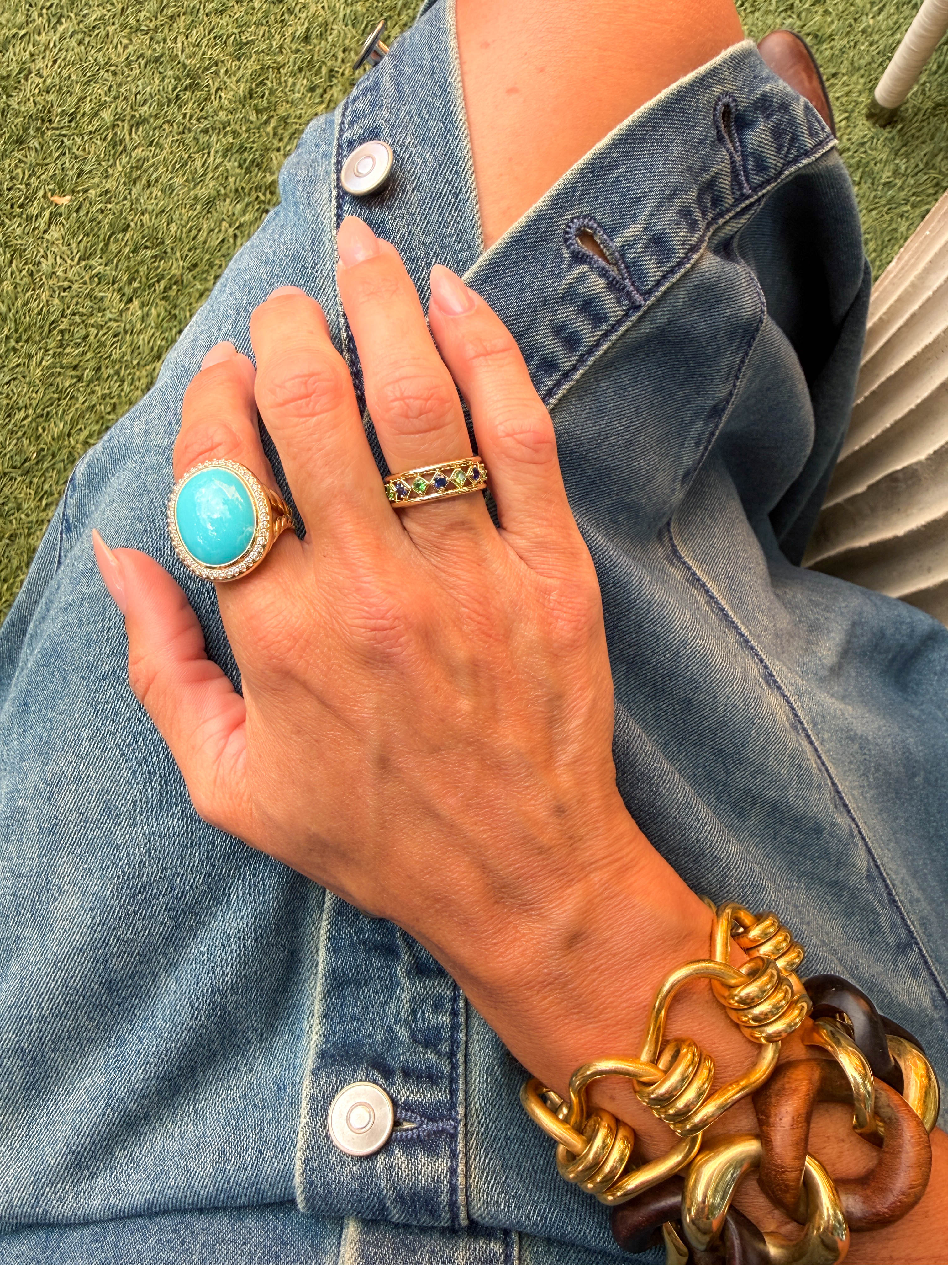 Tsavorite & Sapphire Tribal Ring in 18K Yellow Gold, Size 6.5