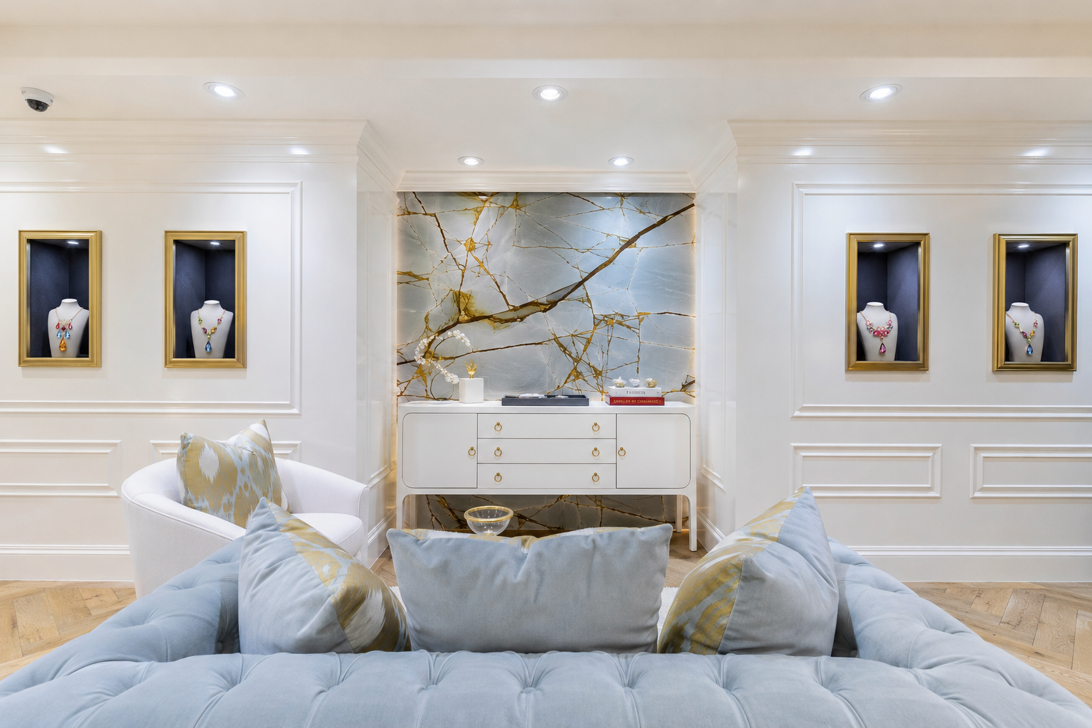 Living room with a light blue sofa, decorative pillows, and wall art.