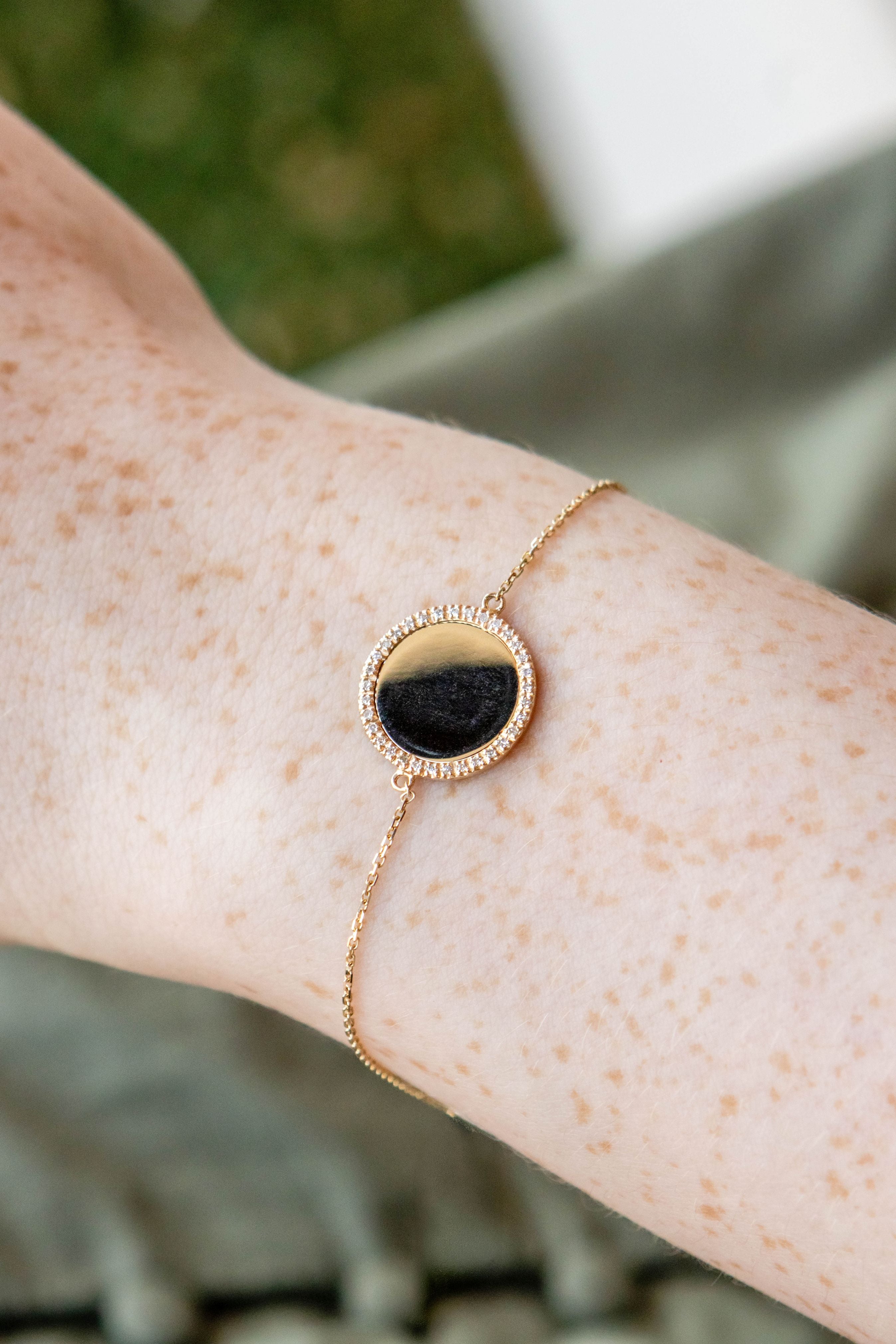 Round Disc Bracelet with Diamond Edge in 14K Yellow Gold