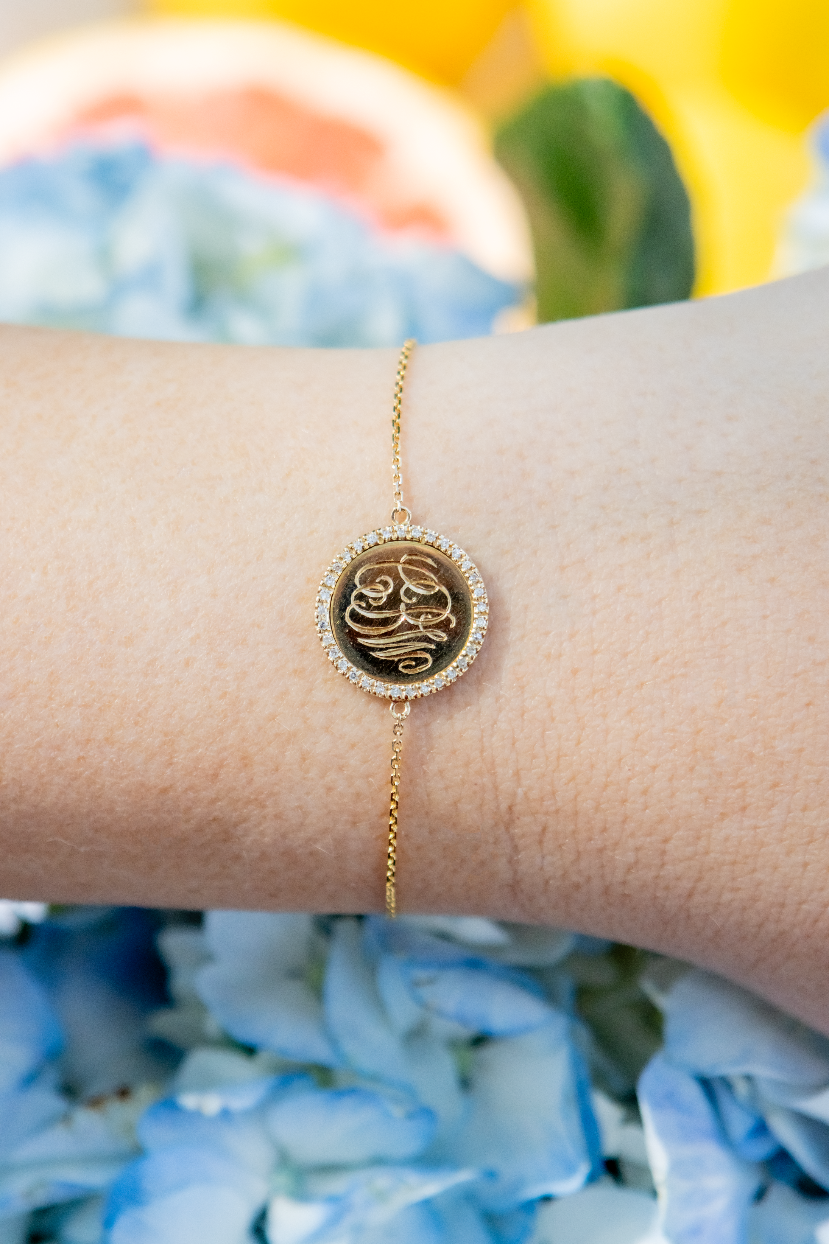 Round Disc Bracelet with Diamond Edge in 14K Yellow Gold