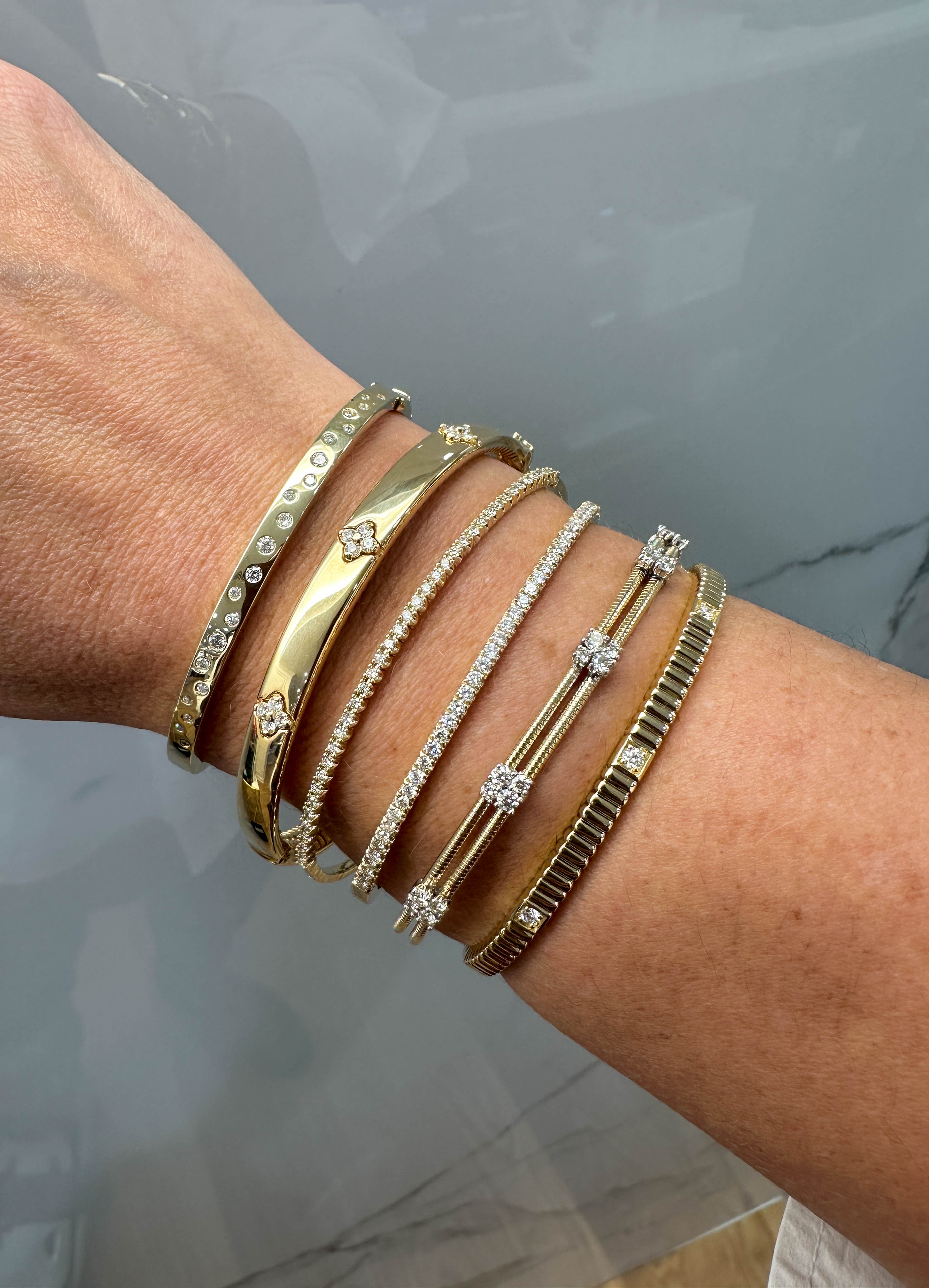 Scattered Flush Set Diamond Hinge Bangle in 14K Yellow Gold