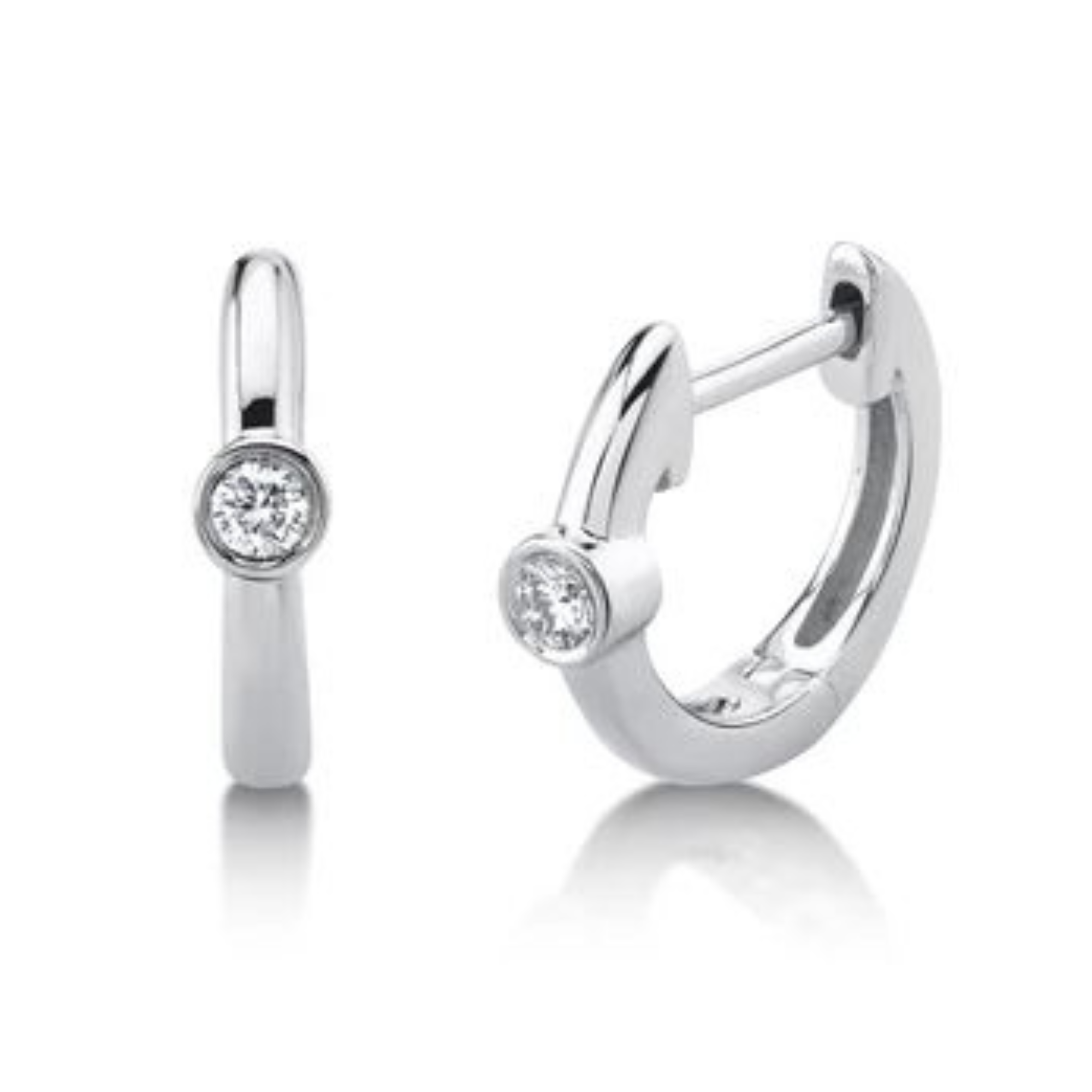 Single Diamond Bezel Huggie Hoop Earrings in 14K White Gold