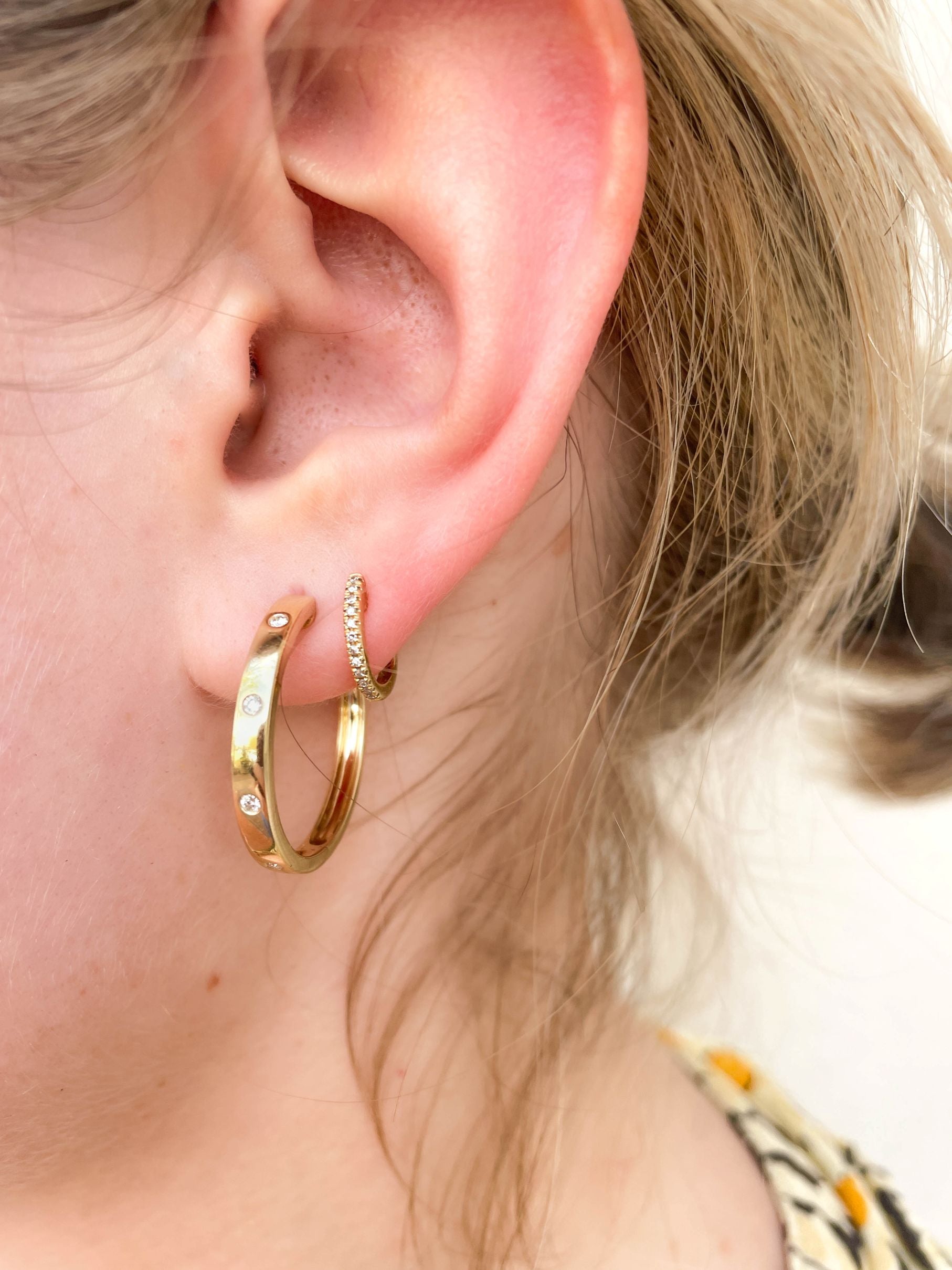 Flush Set Diamond Hoop Earrings in 14K Yellow Gold