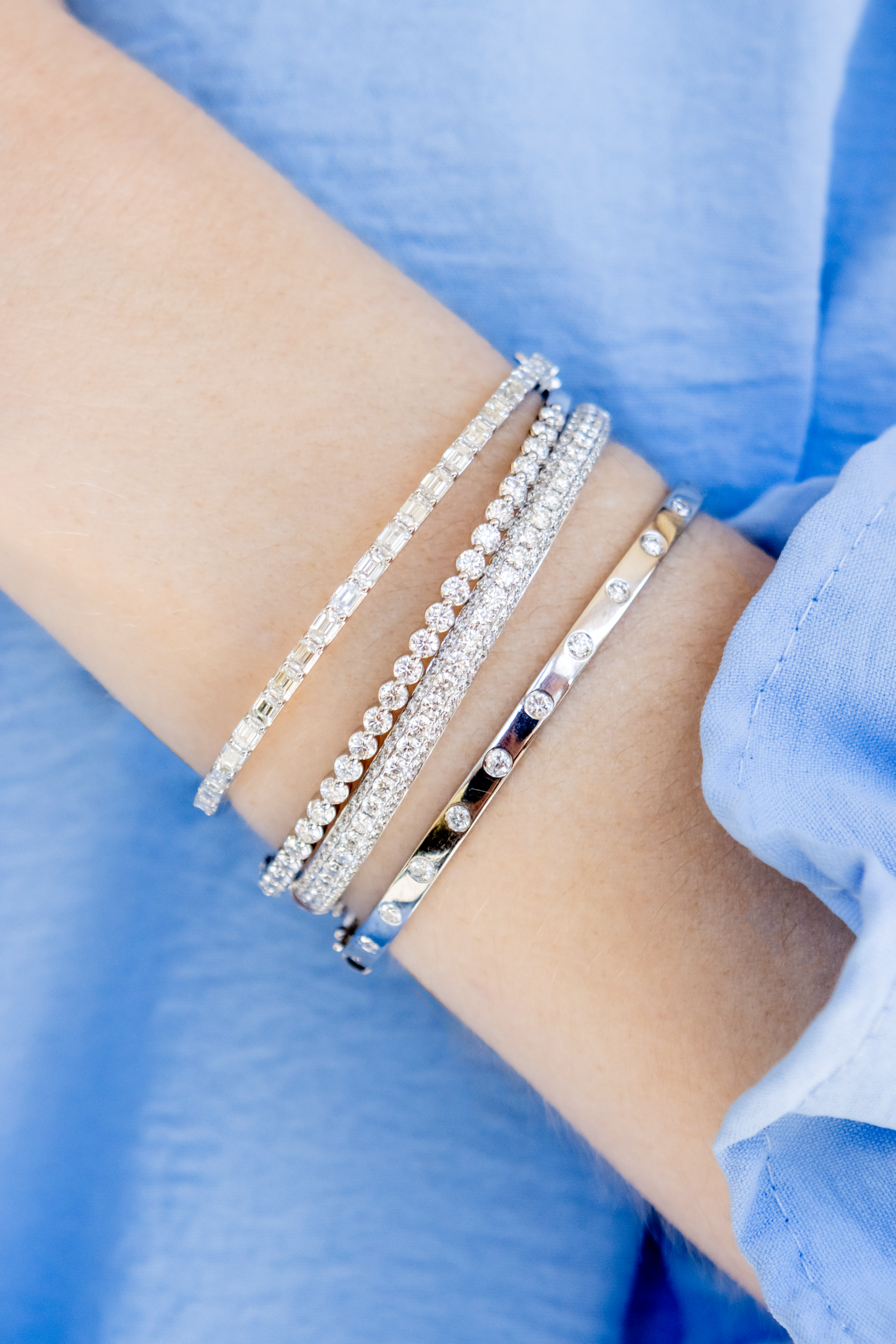 3 Row Diamond Bangle Bracelet in 14K White Gold