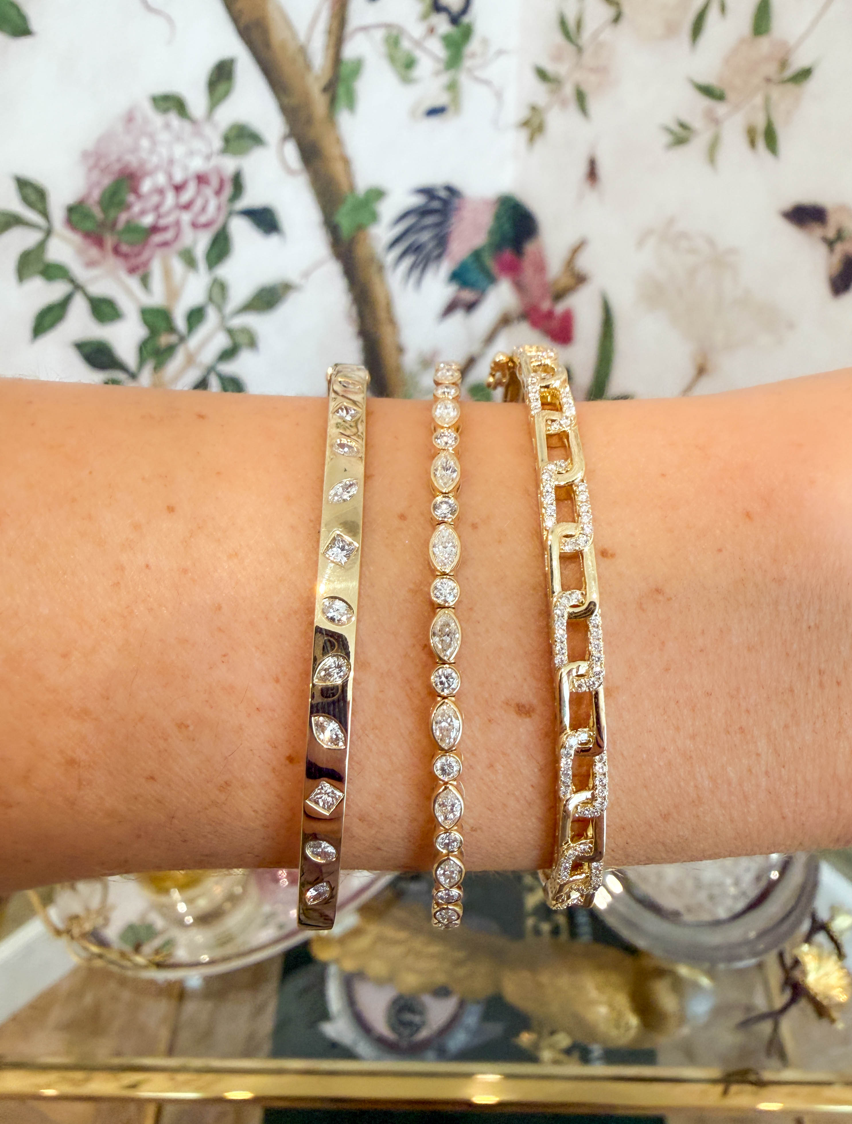 Mix Shape Flush Set Diamond Bangle in 14K Yellow Gold