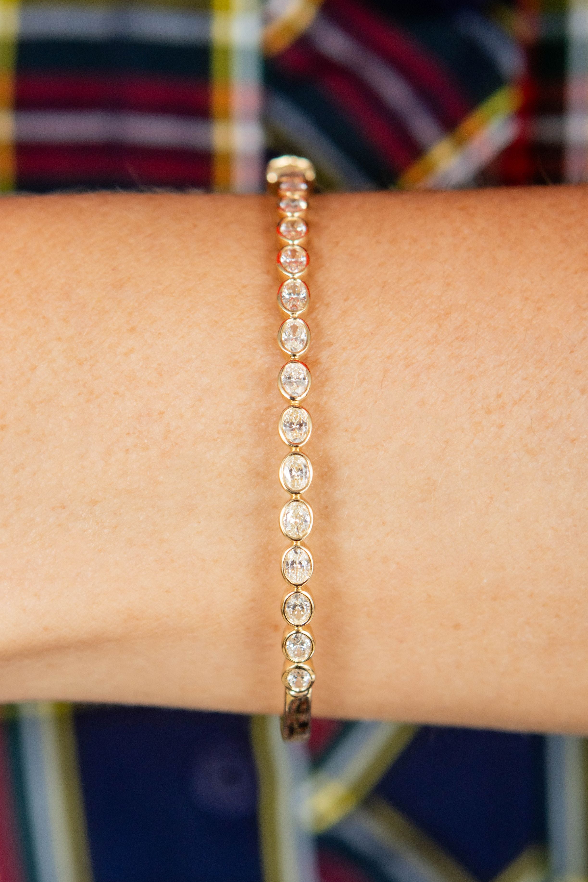 Oval Bezel Set Diamond Bangle Bracelet in 14K Yellow Gold