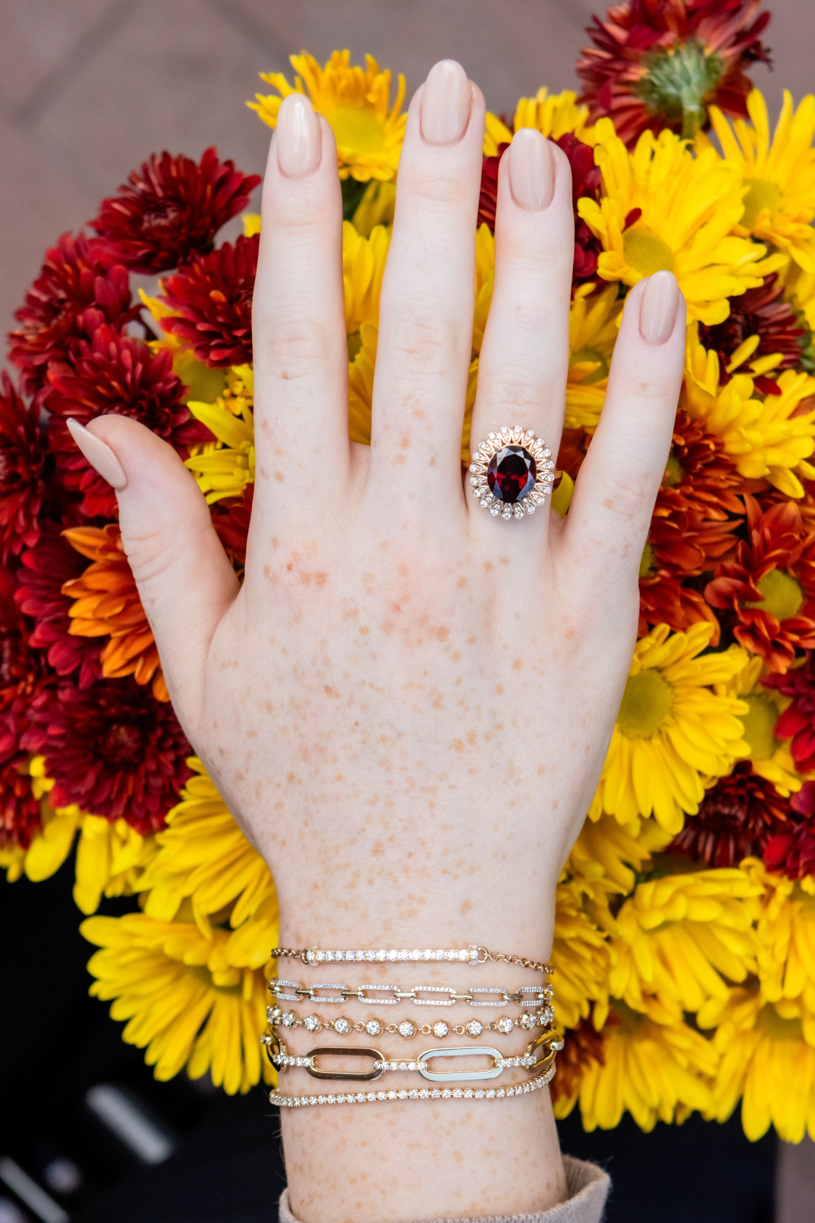 Oval Garnet Diamond Accent Ring in 14K Yellow Gold, Size 7