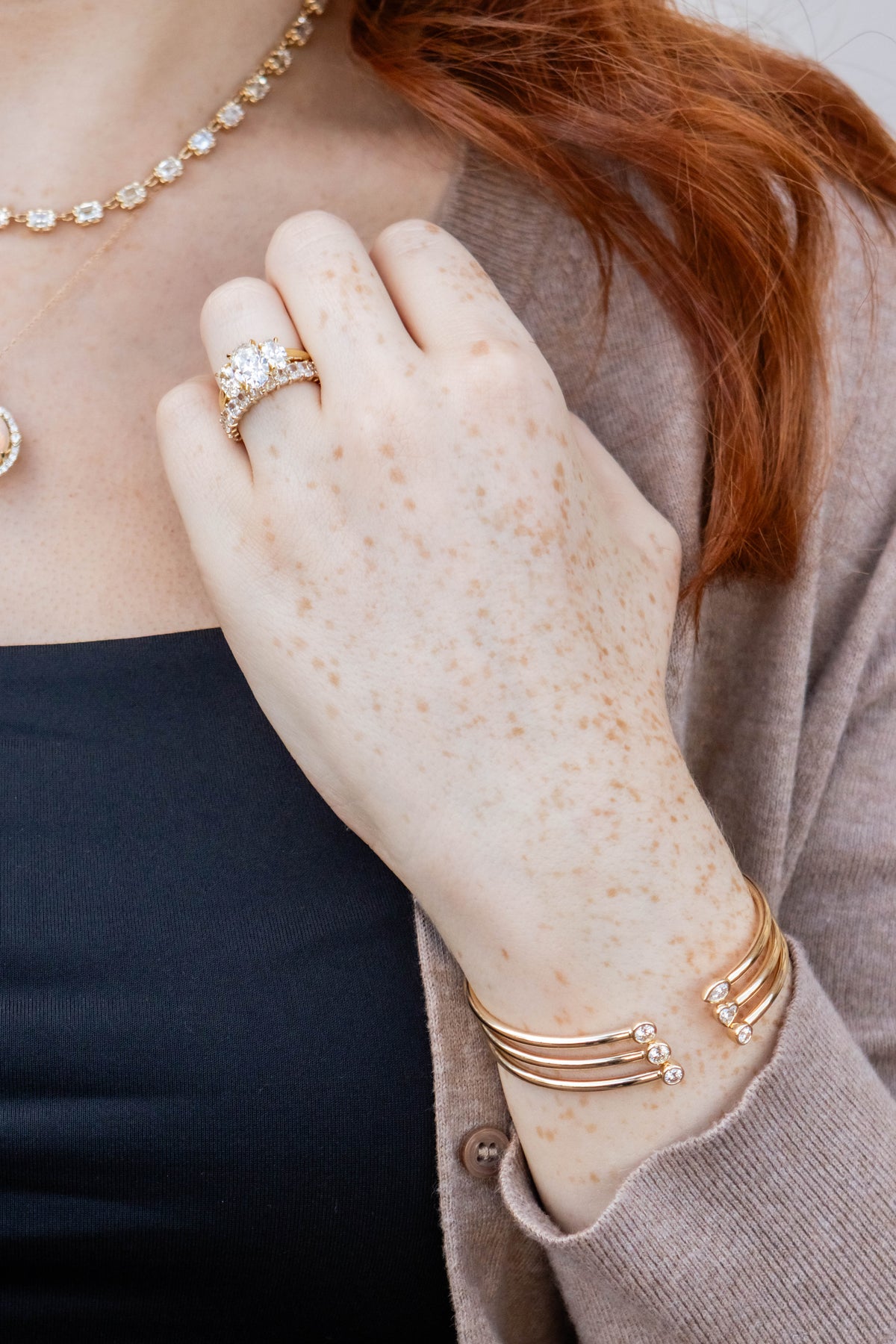 Round & Pear Diamond Cuff in 14K Yellow Gold