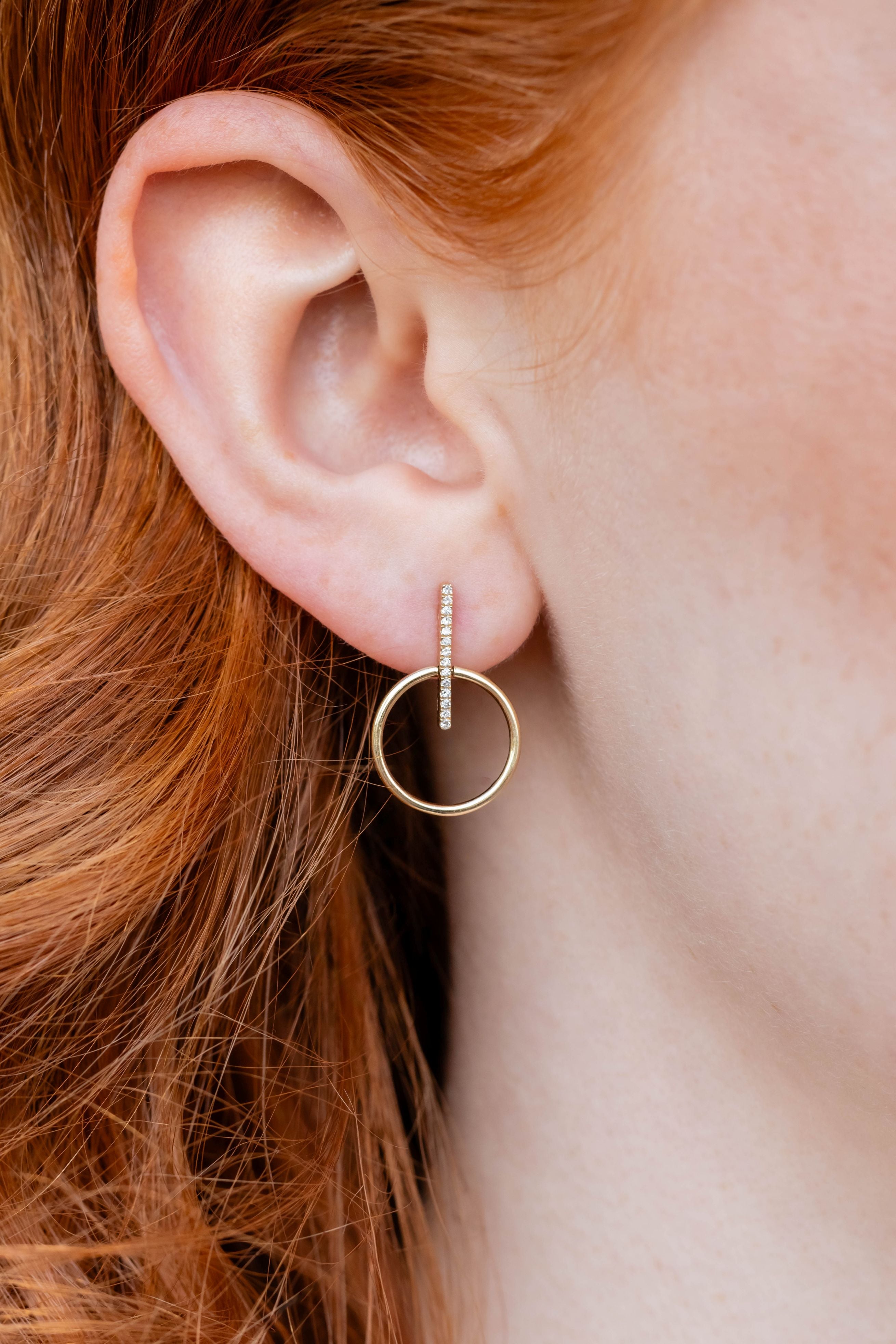 Open Circle with Diamond Bar Stud Earring in 14K Yellow Gold