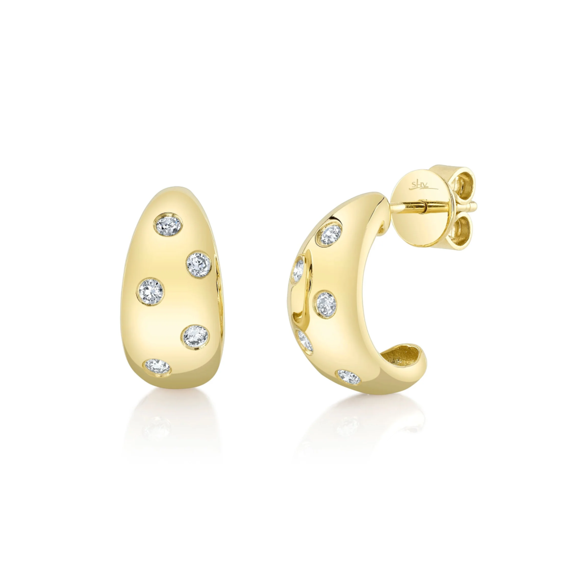 Scattered Flush Set Diamond Huggie Hoop Earrings in 14K Yellow Gold