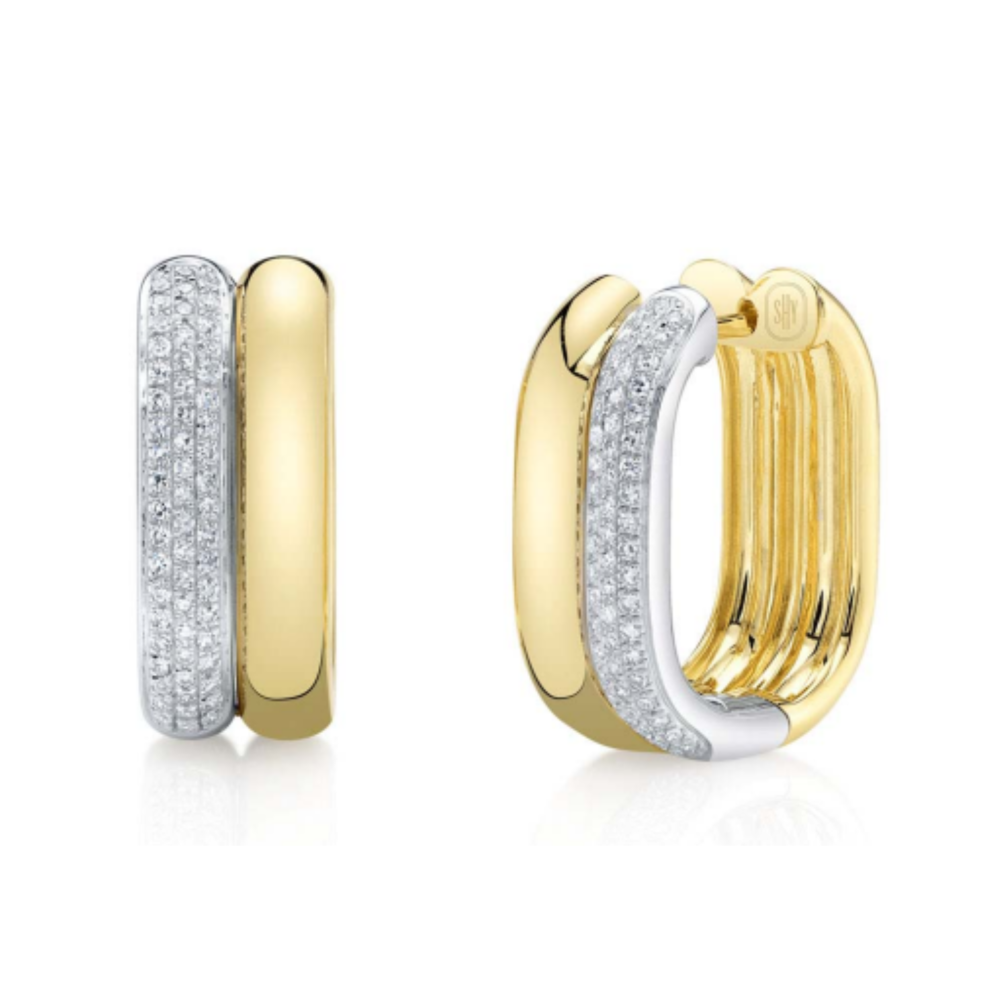 Two Tone Diamond Hoop Earrings in 14K Yellow and White Gold