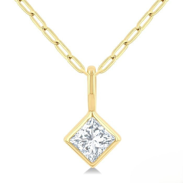 Bezel Set Princess Diamond Pendant Necklace in 14K Yellow Gold