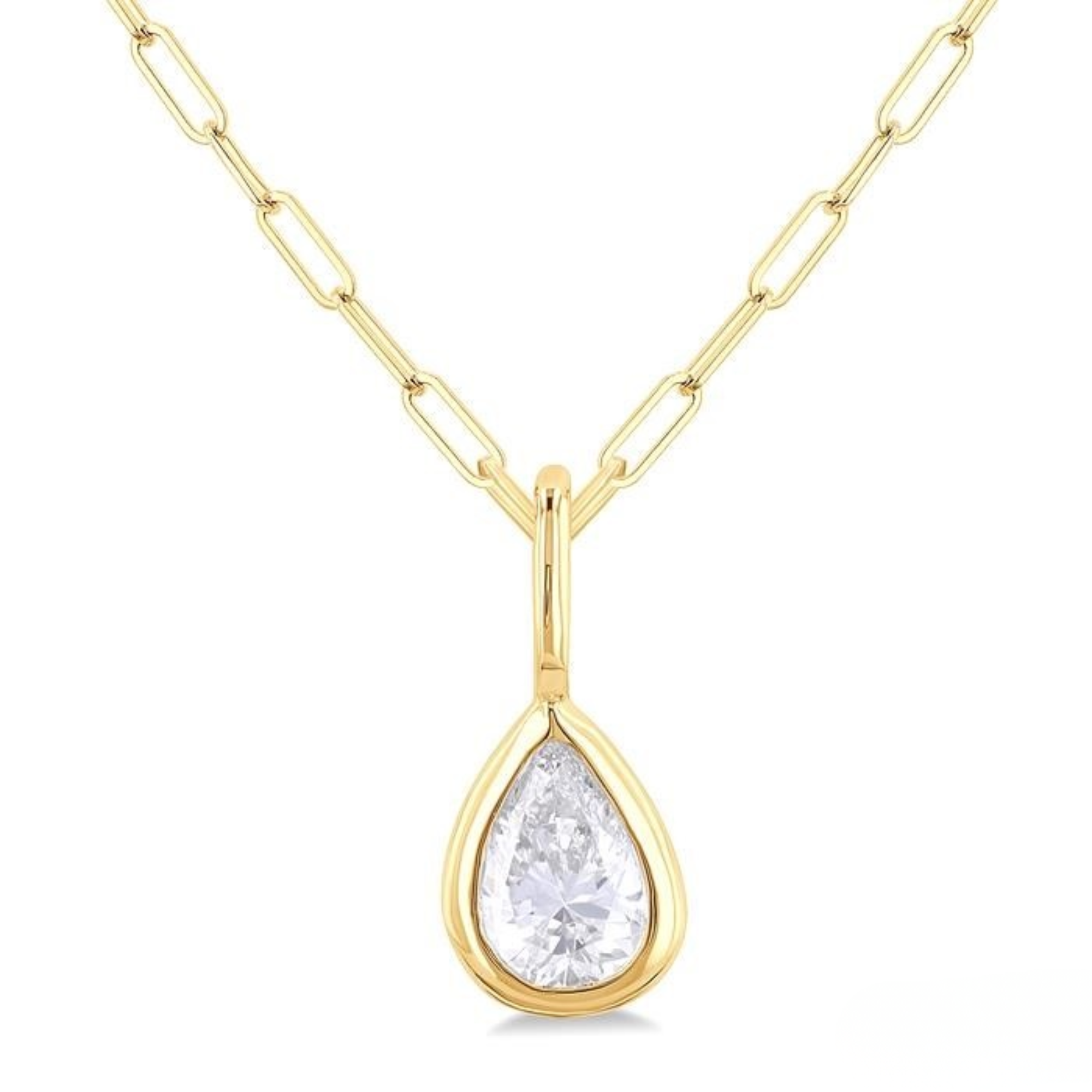Bezel Set Pear Diamond Pendant Necklace in 14K Yellow Gold