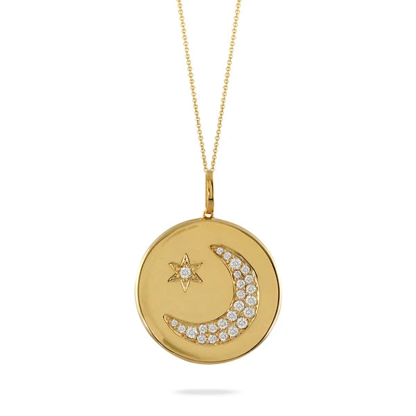 Crescent Moon & Star Medallion Pendant Necklace in 14K Yellow Gold