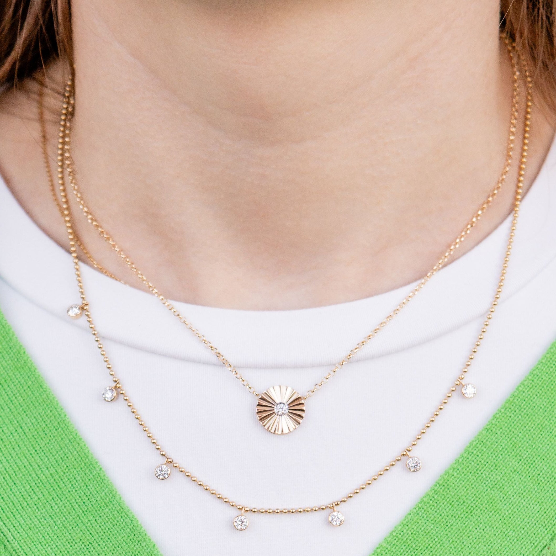Fluted Disc Diamond Pendant Necklace in 14K Yellow Gold