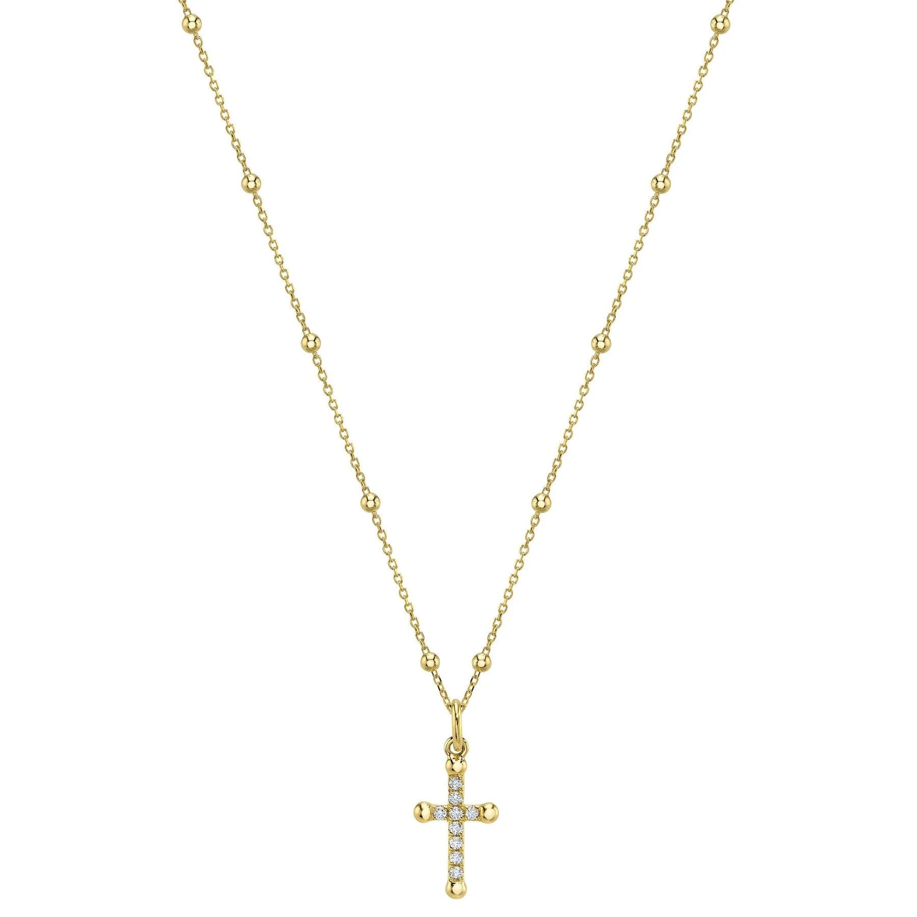 Diamond Cross Ball Chain Necklace in 14K Yellow Gold