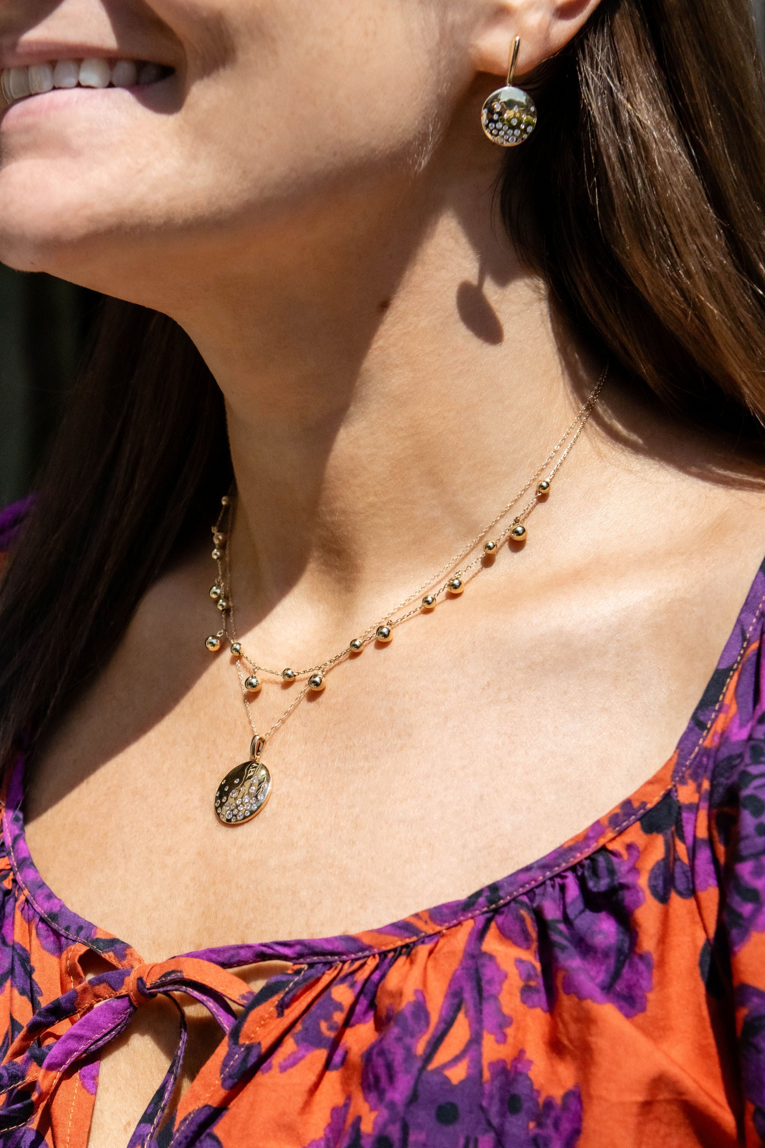 Diamond Pave Medallion Drop Earrings in 14K Yellow Gold
